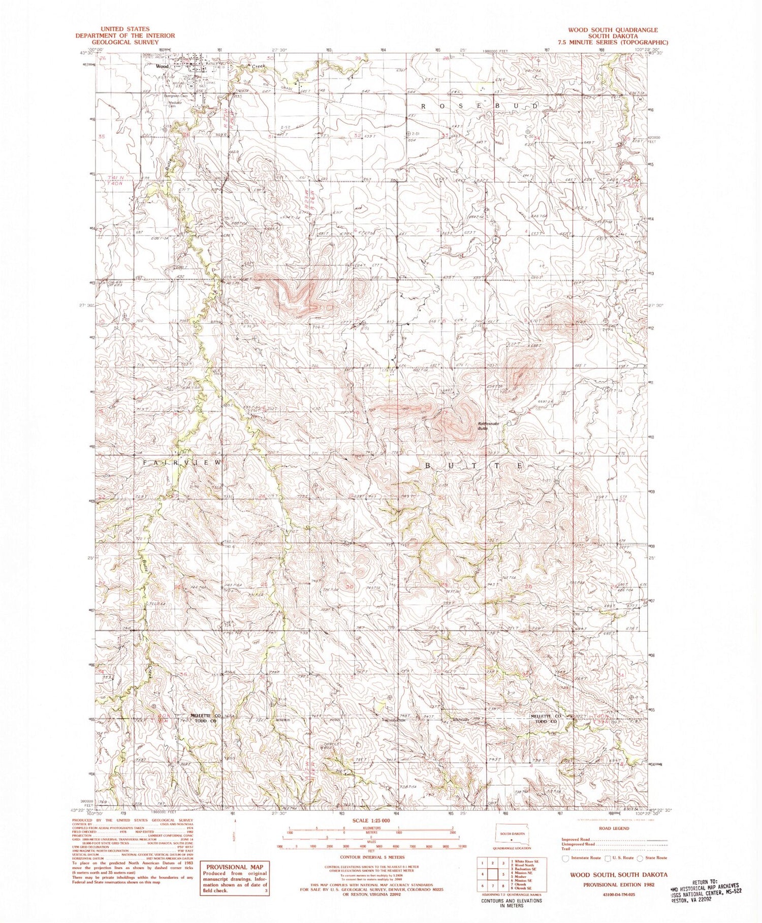 Classic USGS Wood South South Dakota 7.5'x7.5' Topo Map Image