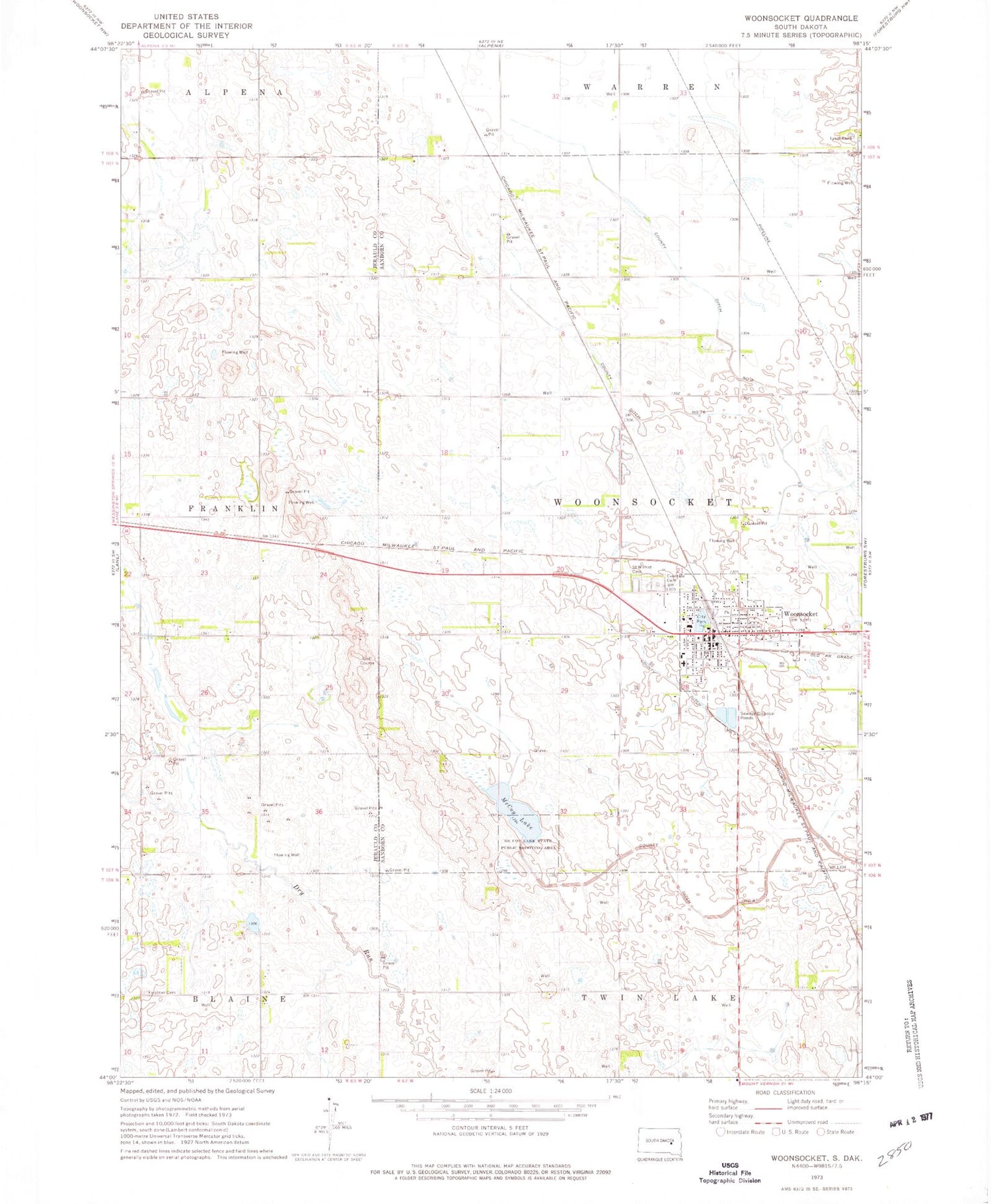 Classic USGS Woonsocket South Dakota 7.5'x7.5' Topo Map Image