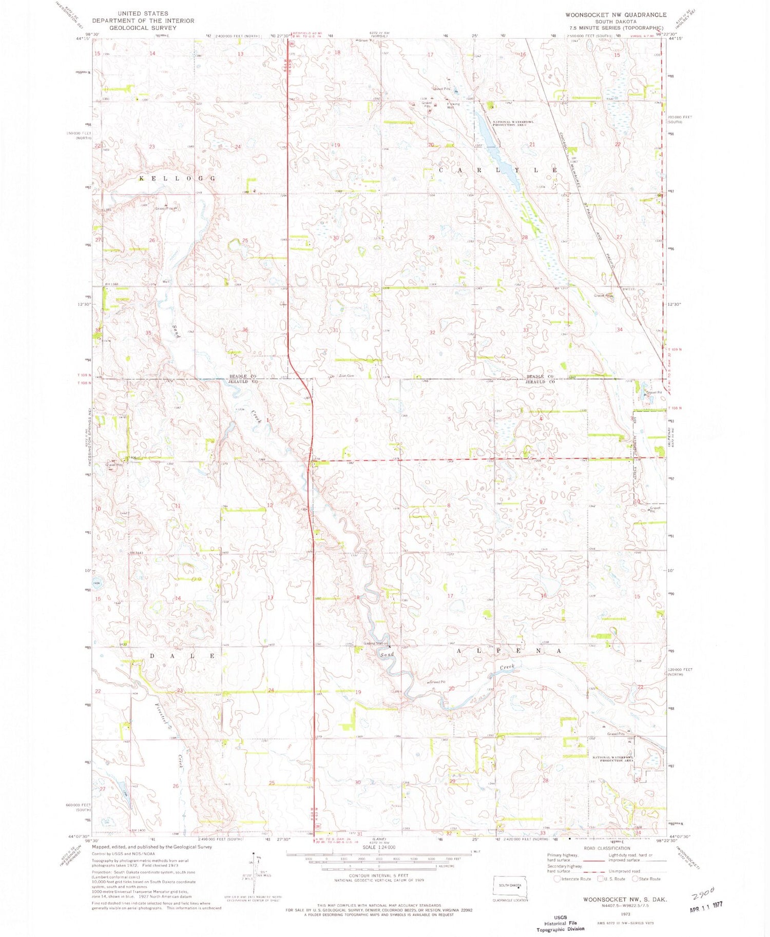 Classic USGS Woonsocket NW South Dakota 7.5'x7.5' Topo Map Image