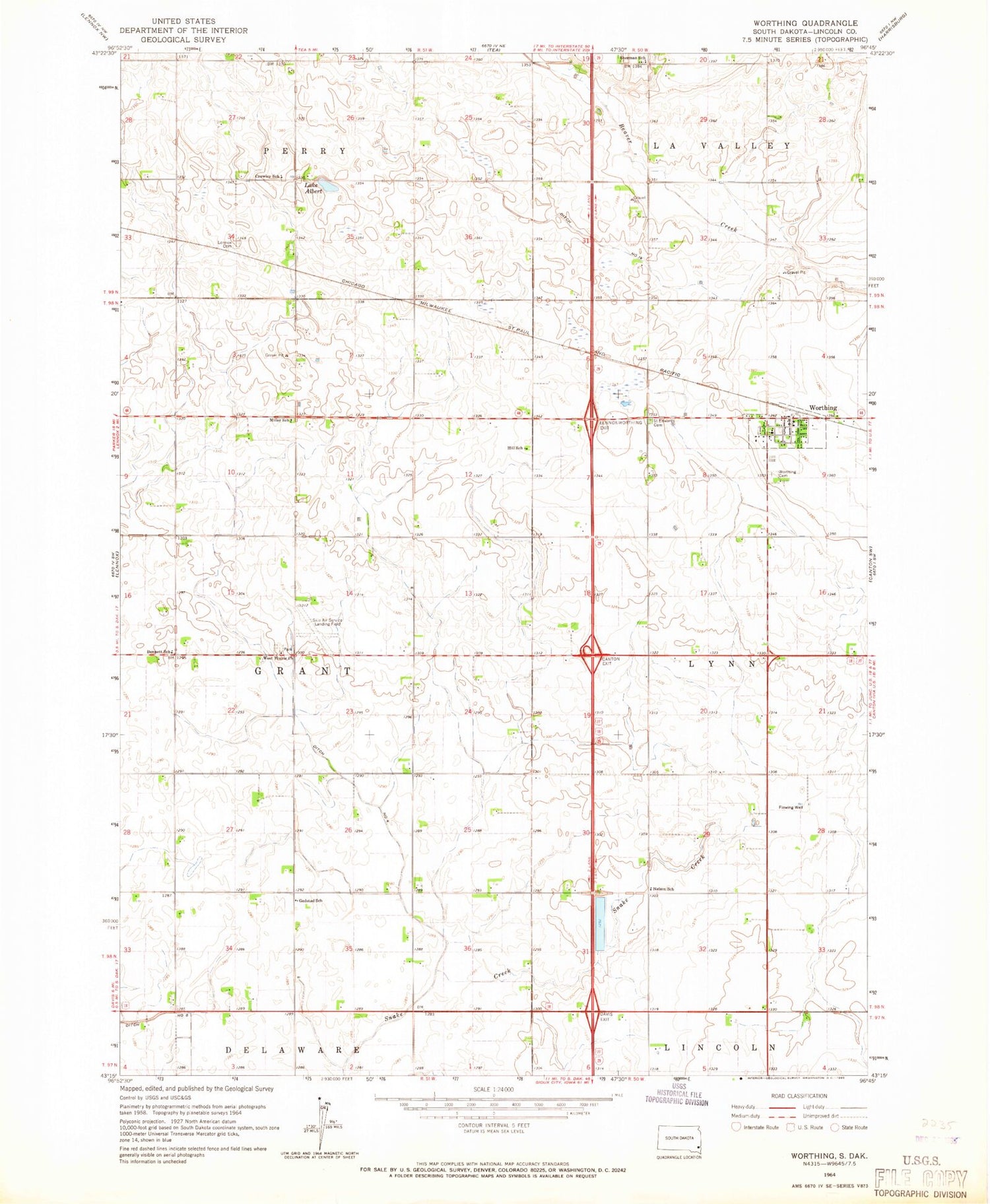 Classic USGS Worthing South Dakota 7.5'x7.5' Topo Map Image
