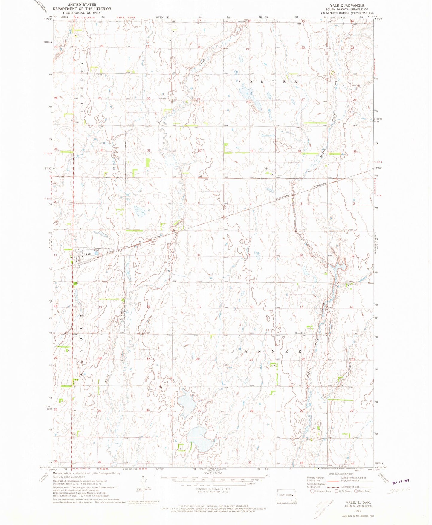 Classic USGS Yale South Dakota 7.5'x7.5' Topo Map Image