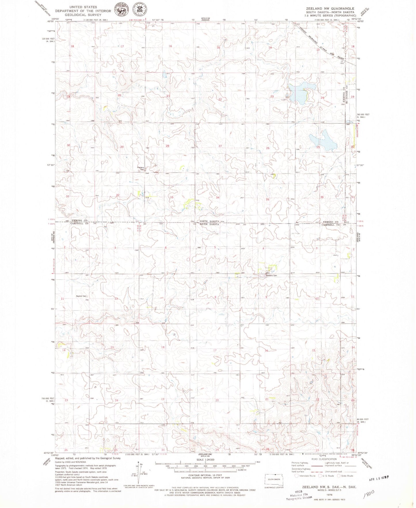 Classic USGS Zeeland NW South Dakota 7.5'x7.5' Topo Map Image