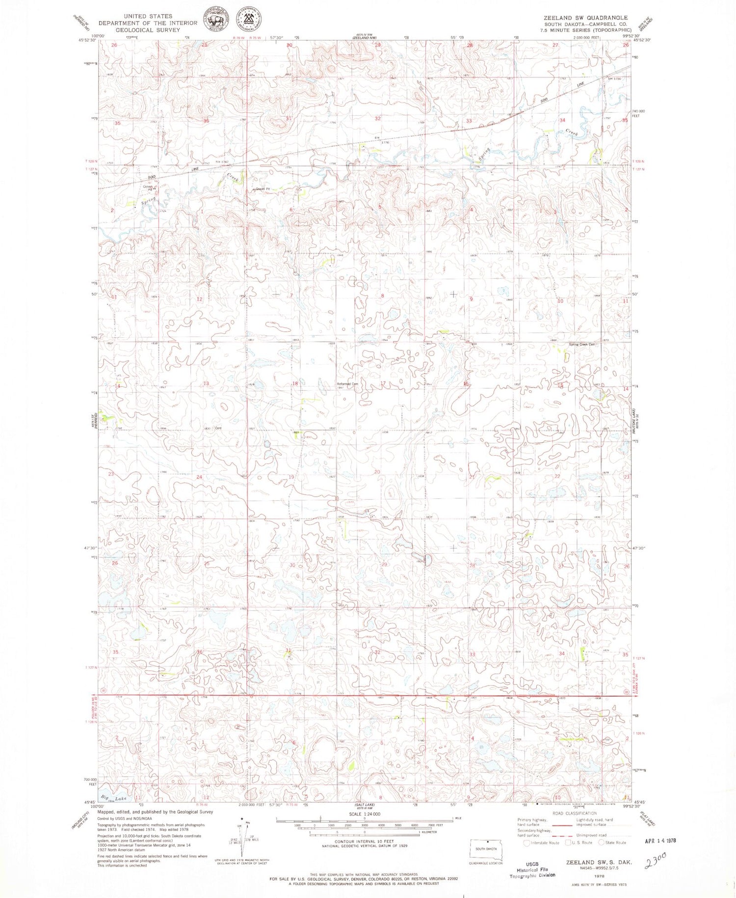 Classic USGS Zeeland SW South Dakota 7.5'x7.5' Topo Map Image