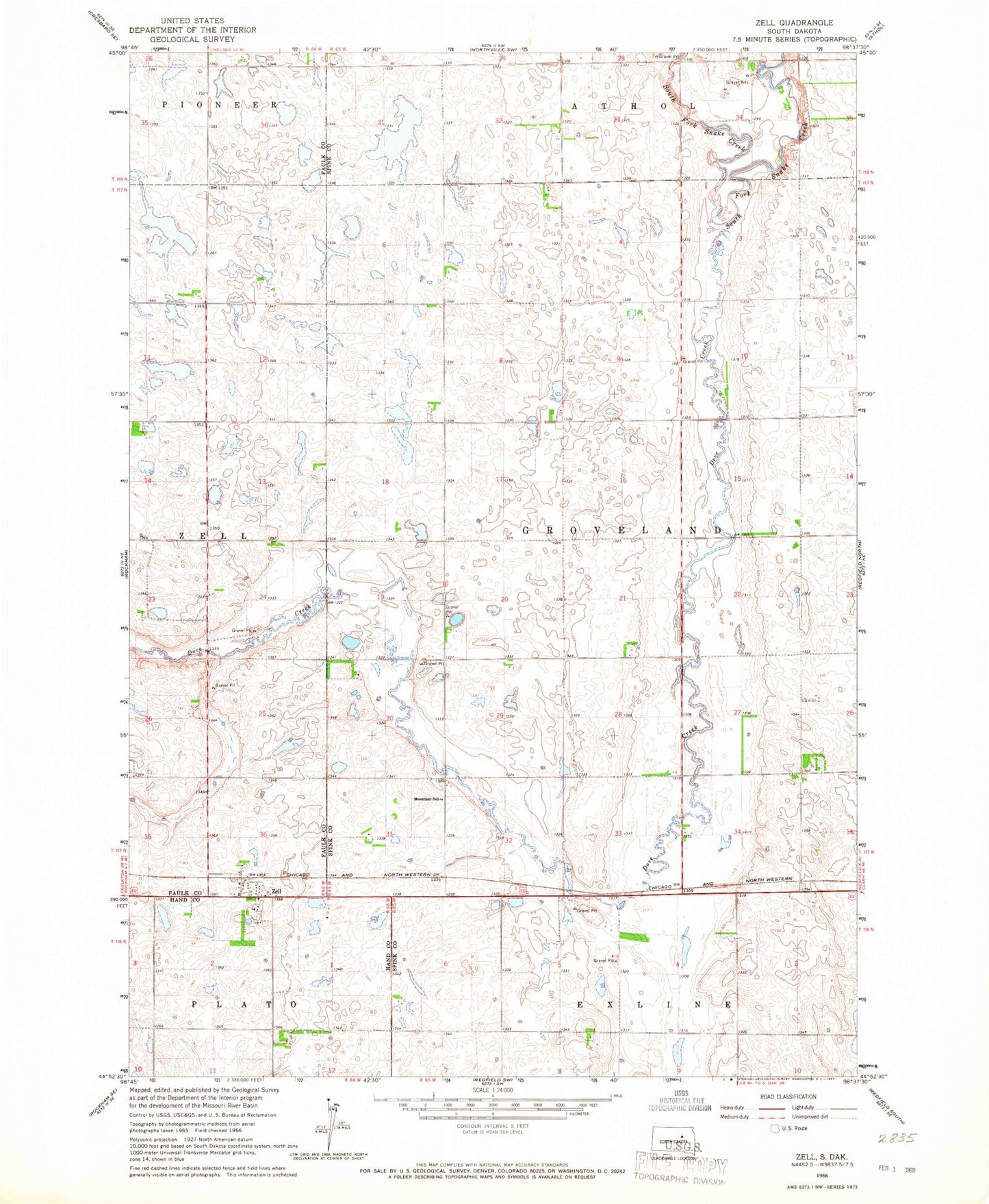 Classic USGS Zell South Dakota 7.5'x7.5' Topo Map Image