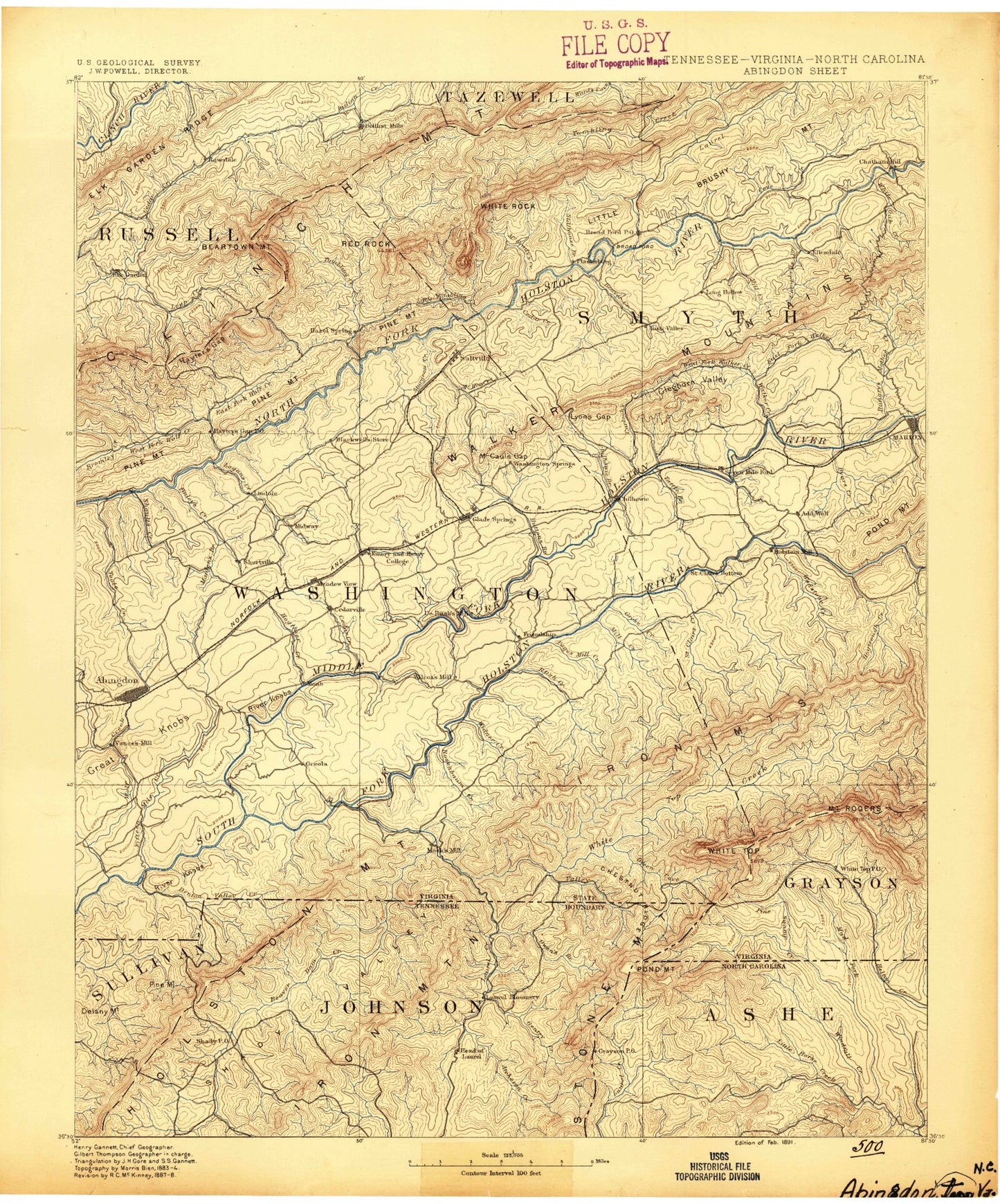 Historic 1891 Abingdon Virginia 30'x30' Topo Map Image