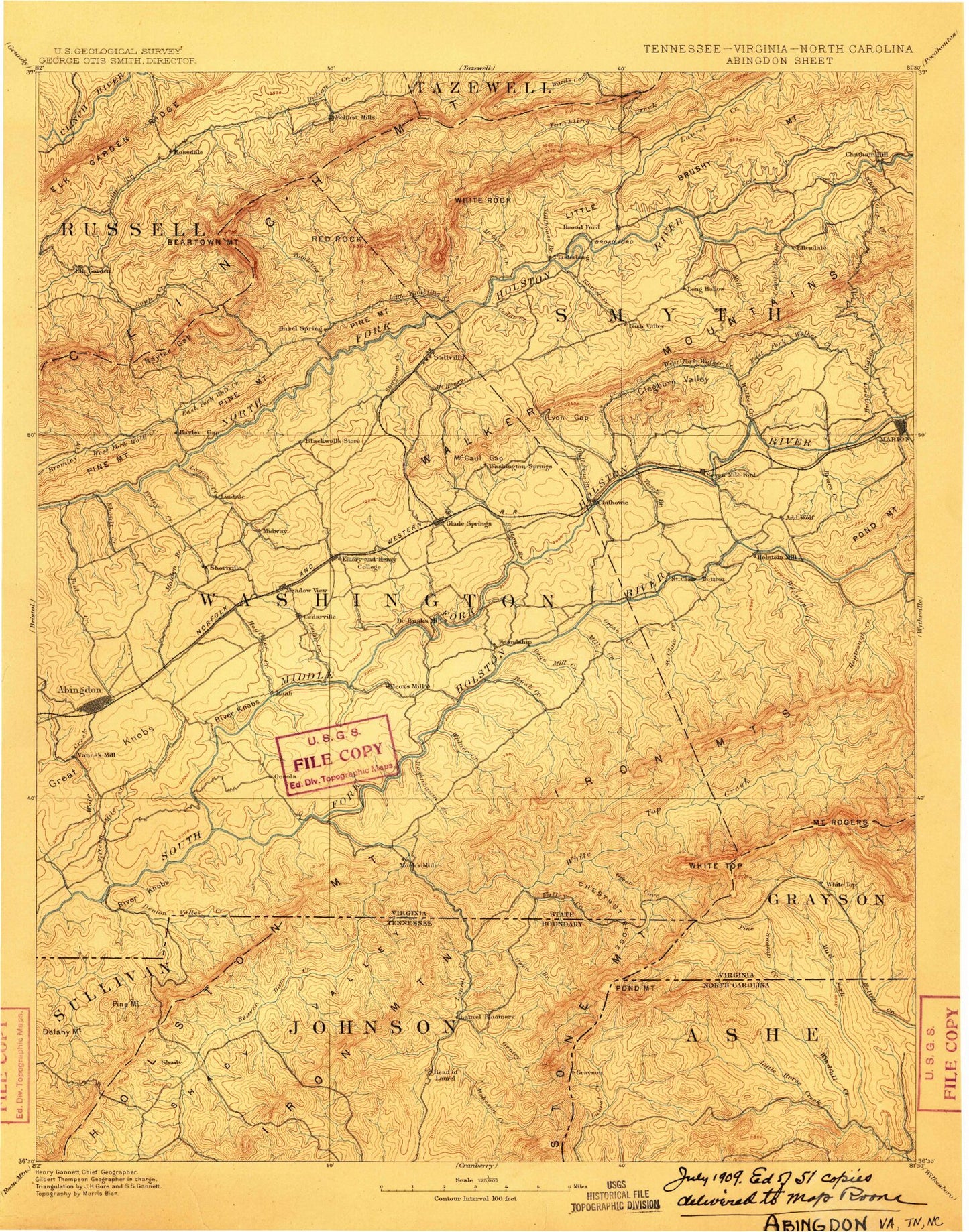 Historic 1909 Abingdon Virginia 30'x30' Topo Map Image