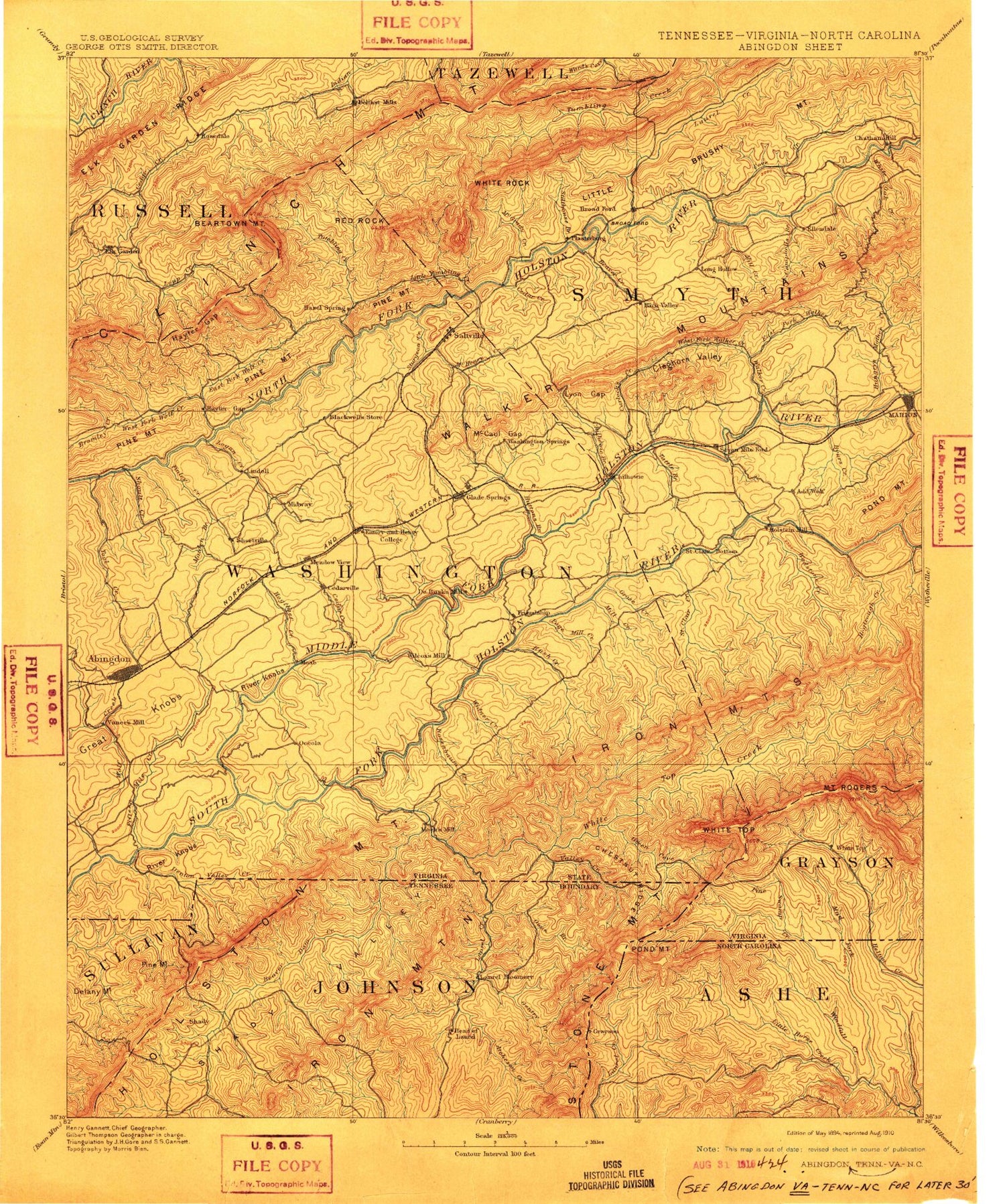 Historic 1894 Abingdon Virginia 30'x30' Topo Map Image
