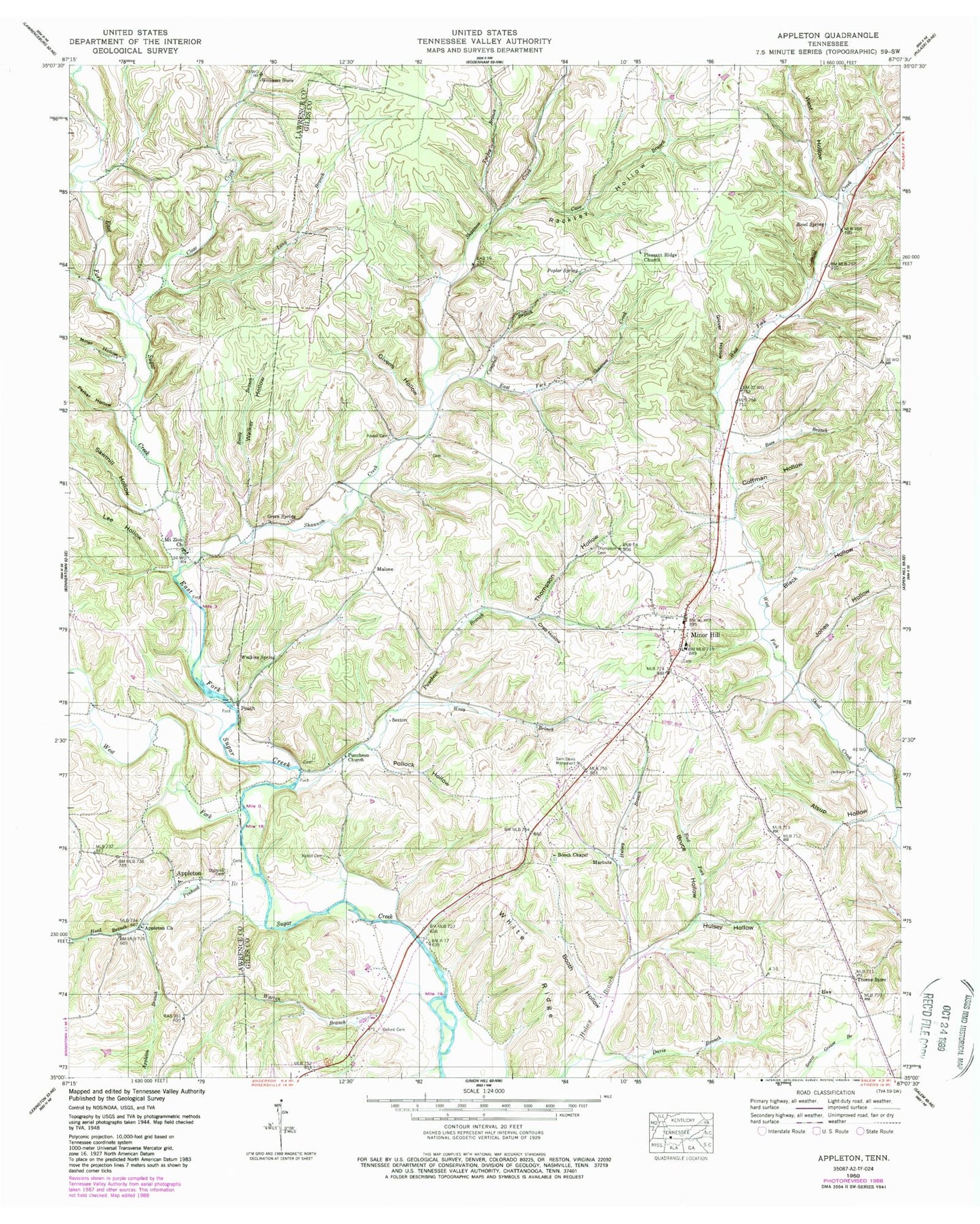 Classic USGS Appleton Tennessee 7.5'x7.5' Topo Map Image