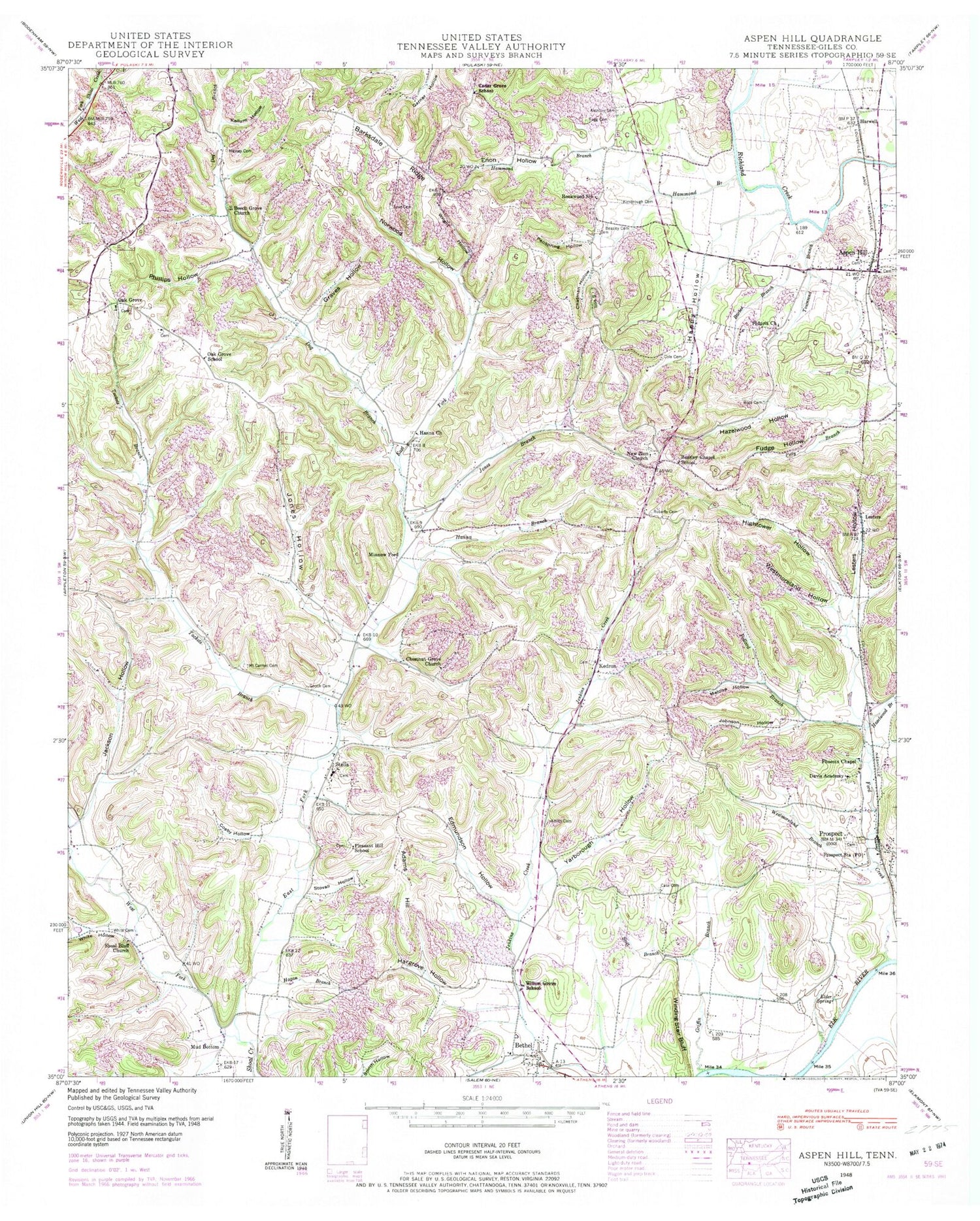 Classic USGS Aspen Hill Tennessee 7.5'x7.5' Topo Map Image