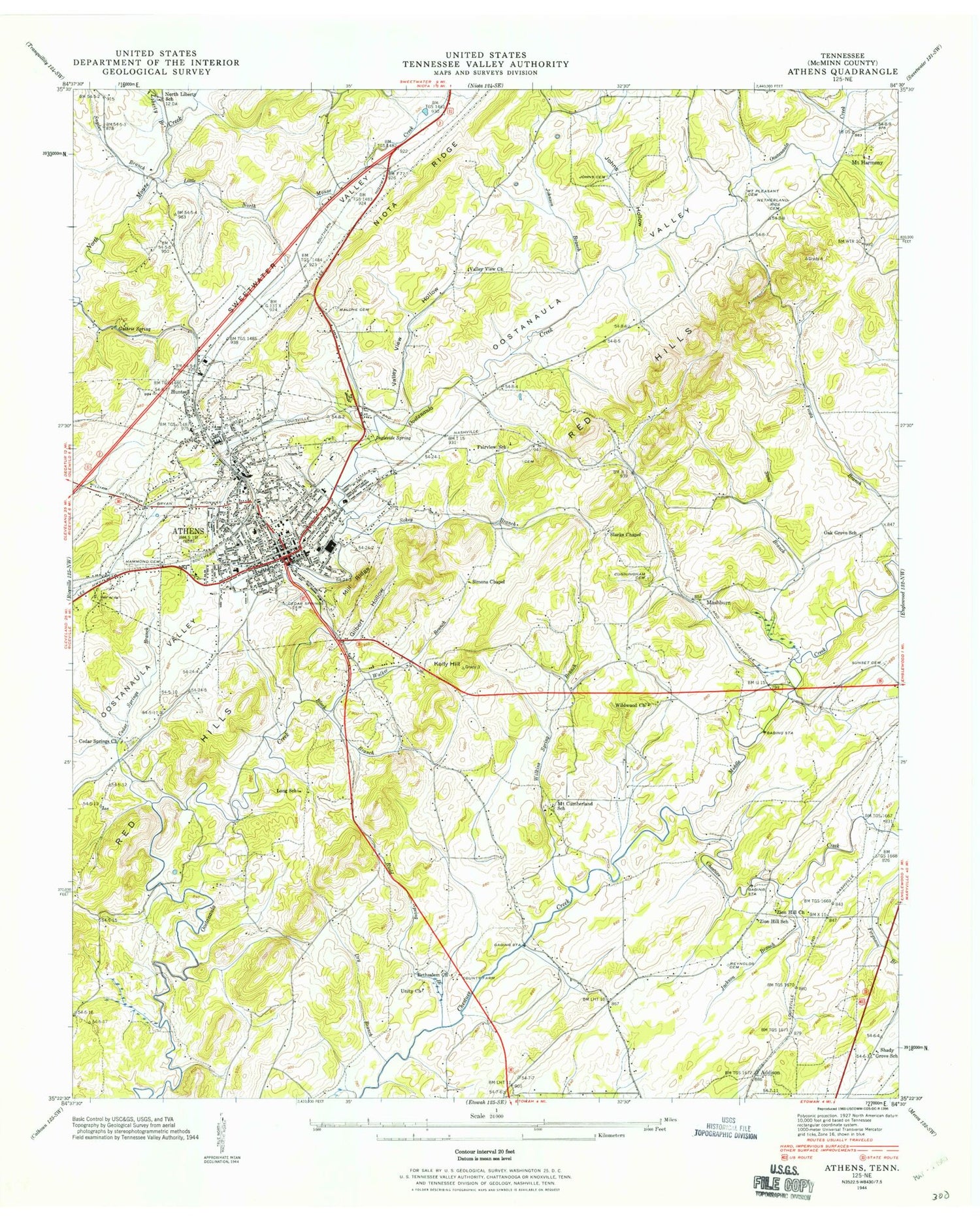 Classic USGS Athens Tennessee 7.5'x7.5' Topo Map Image