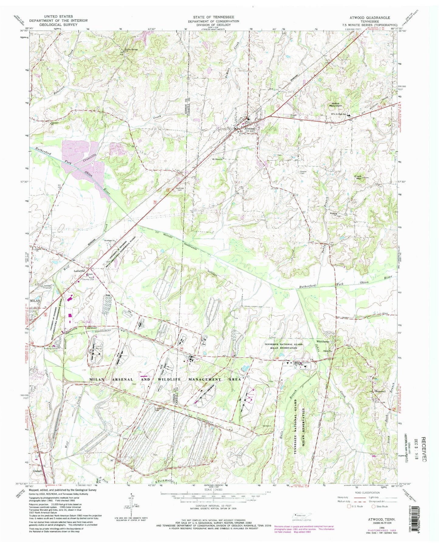 Classic USGS Atwood Tennessee 7.5'x7.5' Topo Map Image
