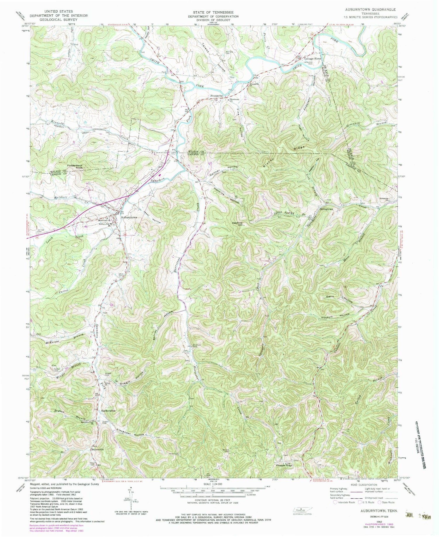 Classic USGS Auburntown Tennessee 7.5'x7.5' Topo Map Image