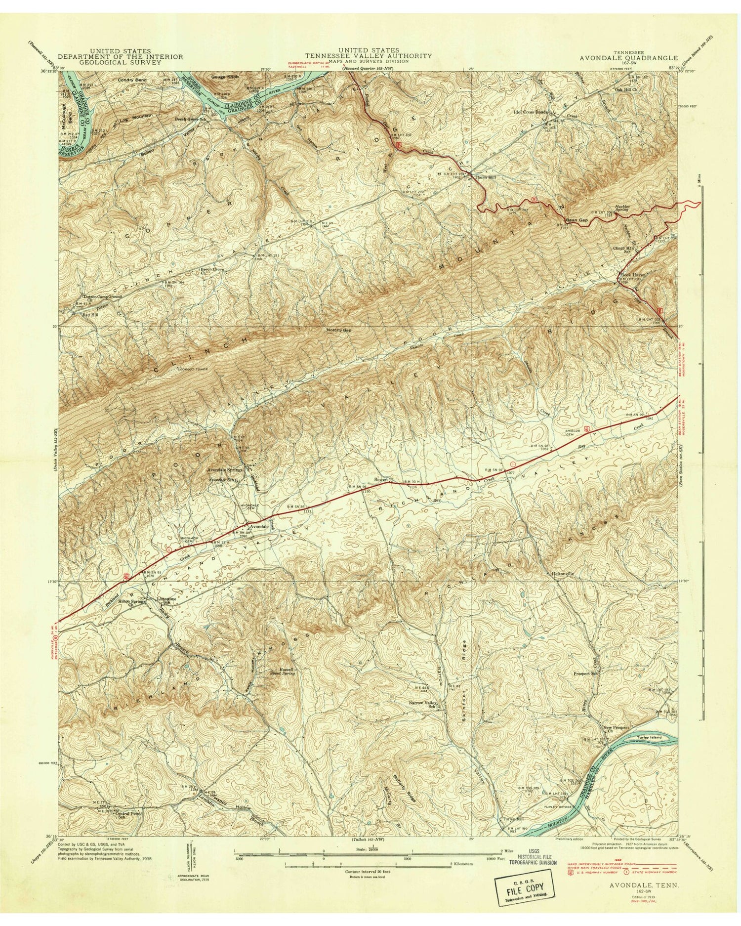 Classic USGS Avondale Tennessee 7.5'x7.5' Topo Map Image