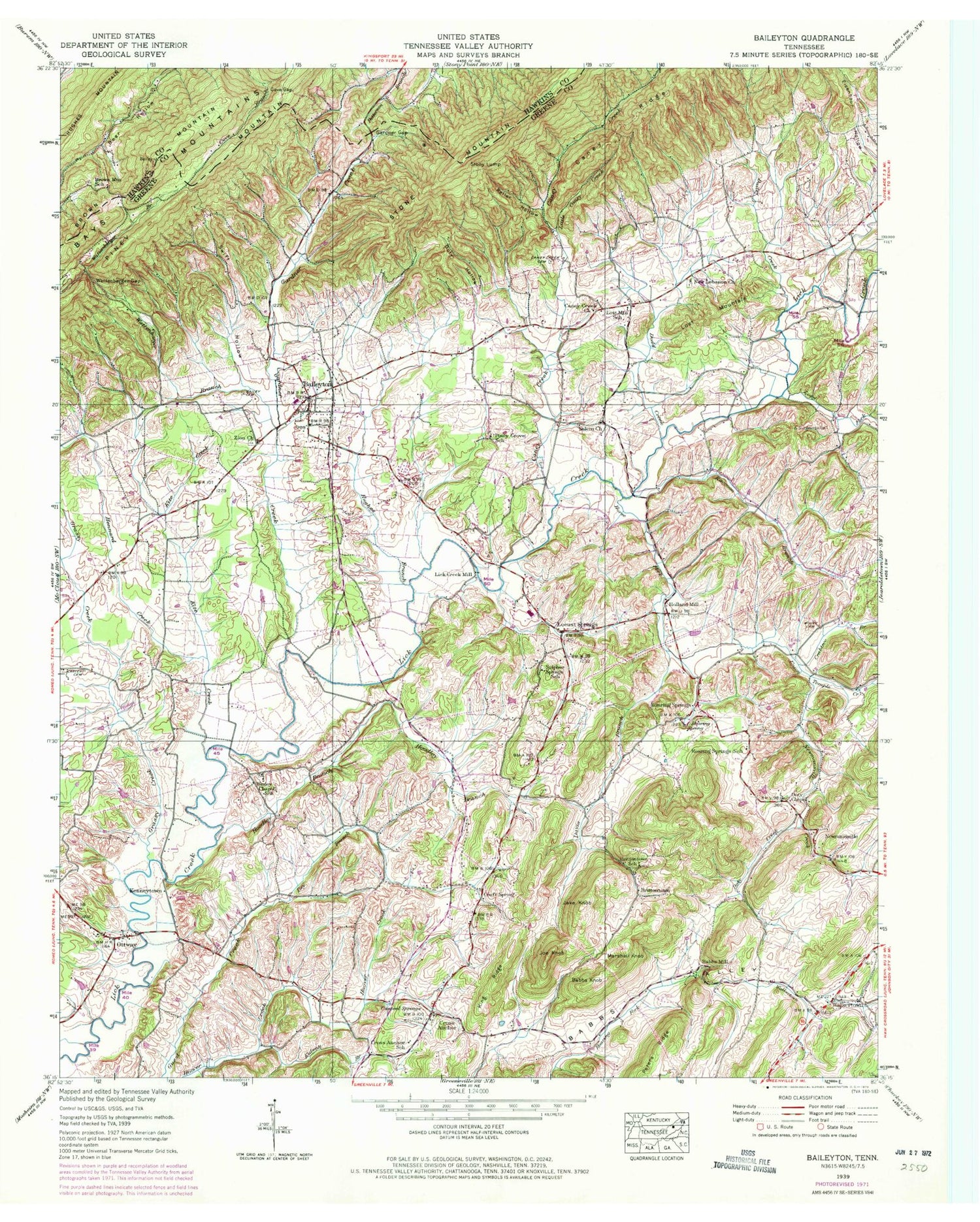 Classic USGS Baileyton Tennessee 7.5'x7.5' Topo Map Image