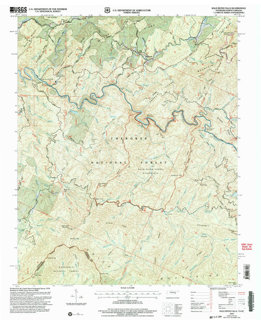 Classic USGS Bald River Falls Tennessee 7.5'x7.5' Topo Map Image