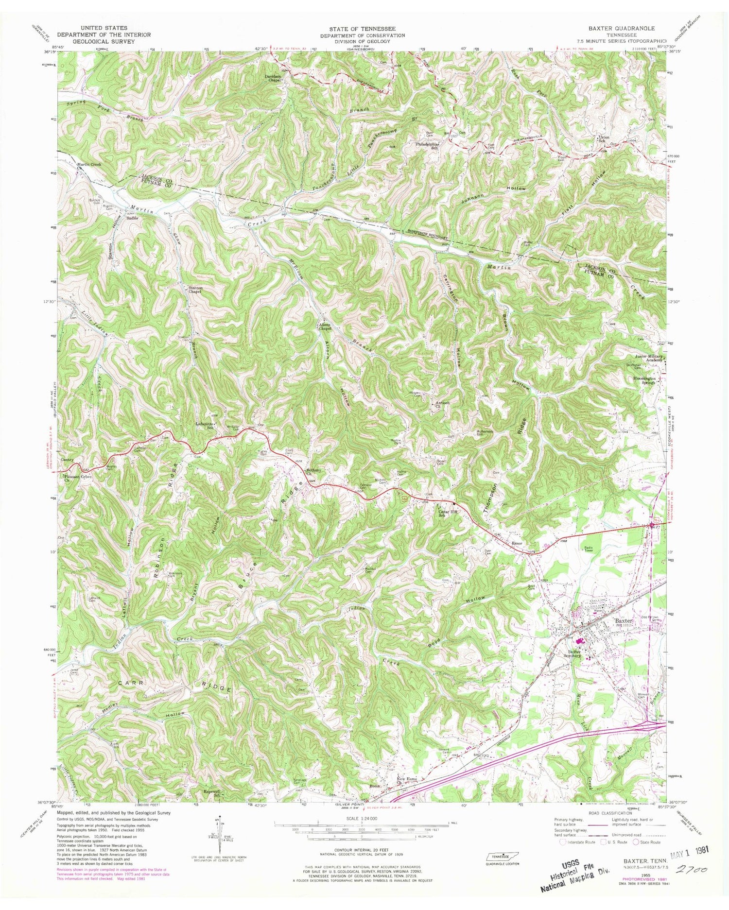 Classic USGS Baxter Tennessee 7.5'x7.5' Topo Map Image