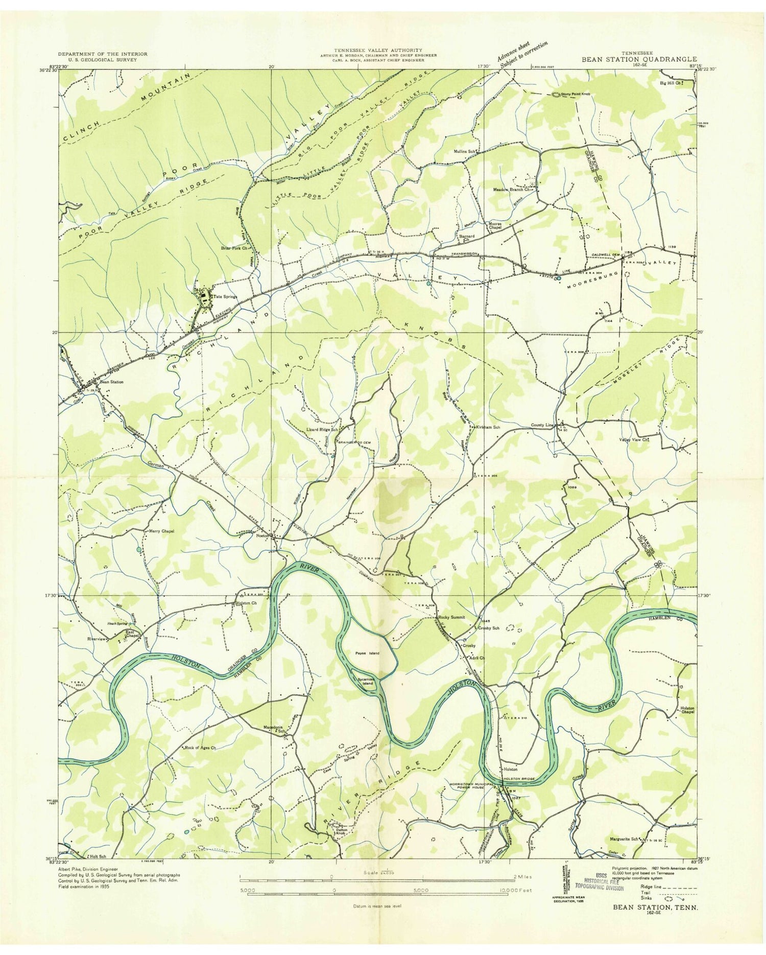 Classic USGS Bean Station Tennessee 7.5'x7.5' Topo Map Image