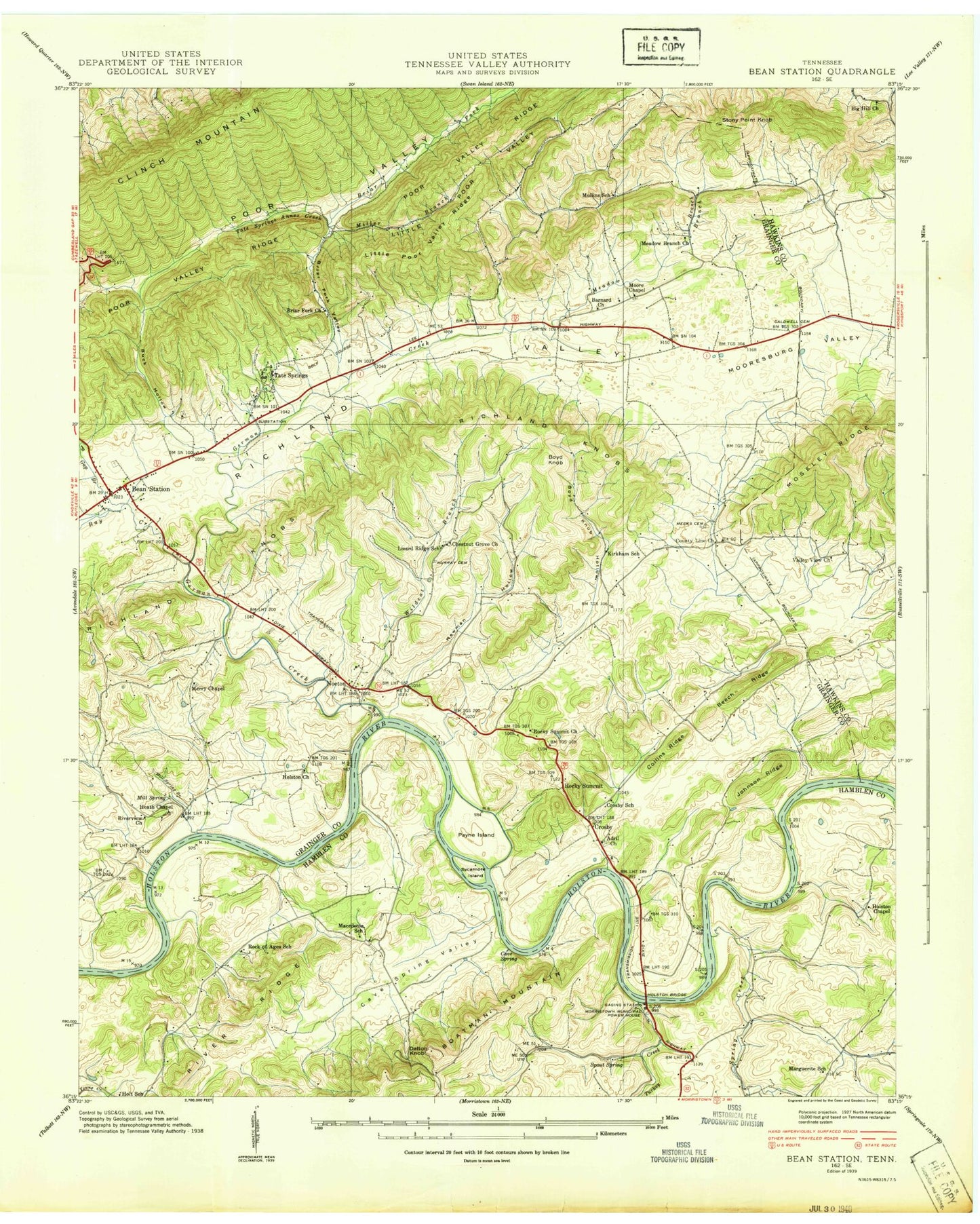 Classic USGS Bean Station Tennessee 7.5'x7.5' Topo Map Image