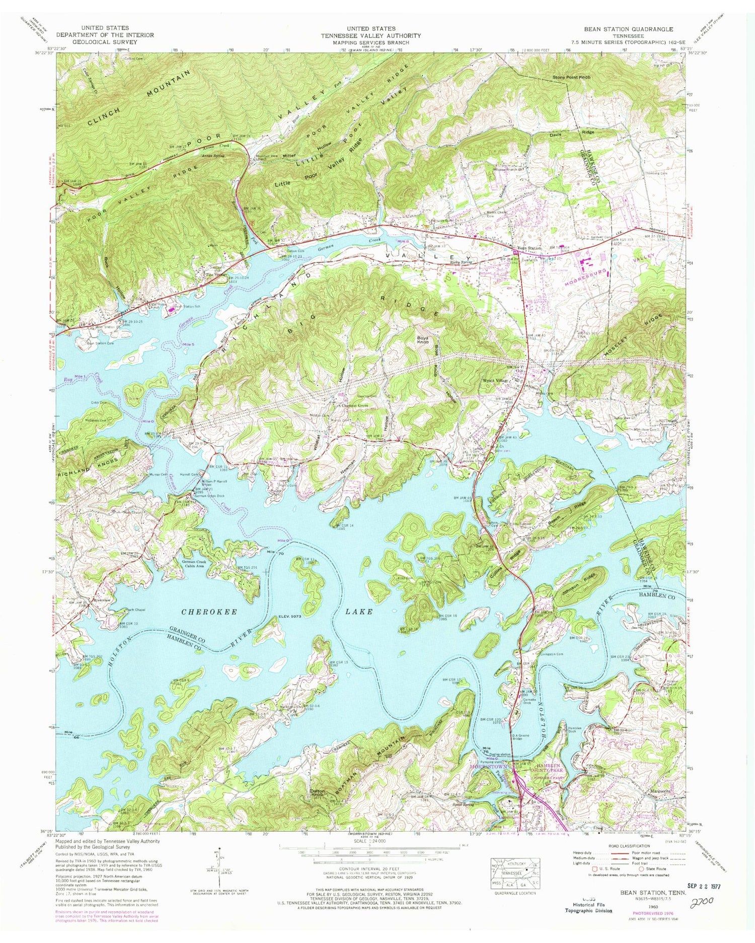 Classic USGS Bean Station Tennessee 7.5'x7.5' Topo Map Image
