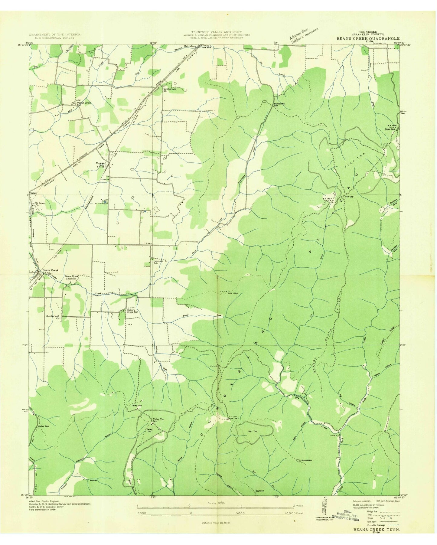 Classic USGS Beans Creek Tennessee 7.5'x7.5' Topo Map Image