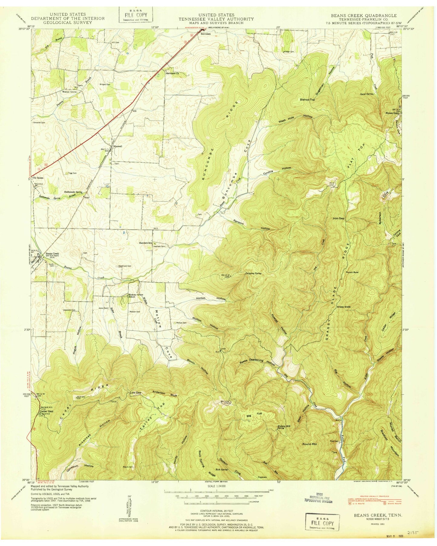 Classic USGS Beans Creek Tennessee 7.5'x7.5' Topo Map Image