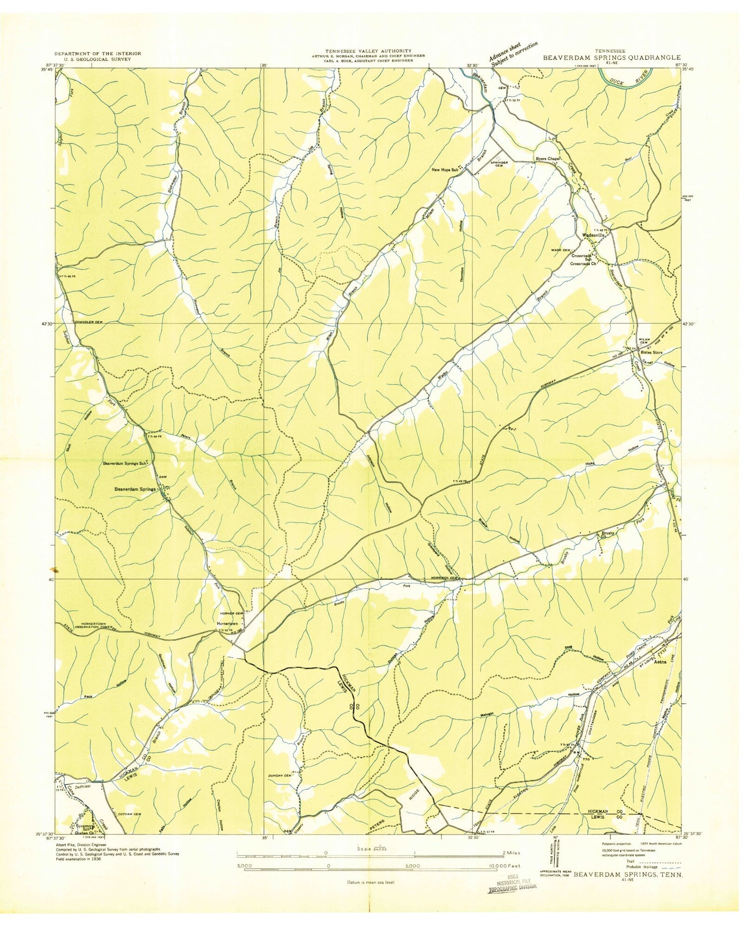 Classic USGS Beaverdam Springs Tennessee 7.5'x7.5' Topo Map Image