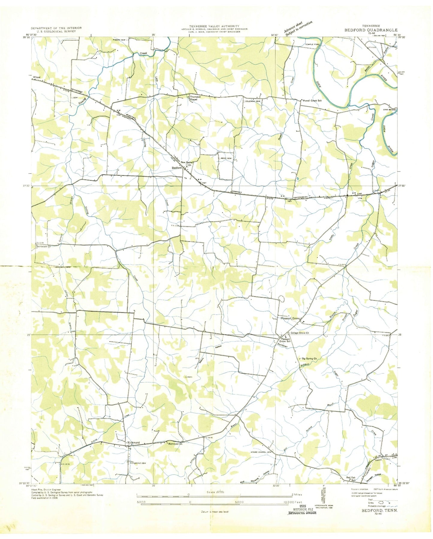 Classic USGS Bedford Tennessee 7.5'x7.5' Topo Map Image