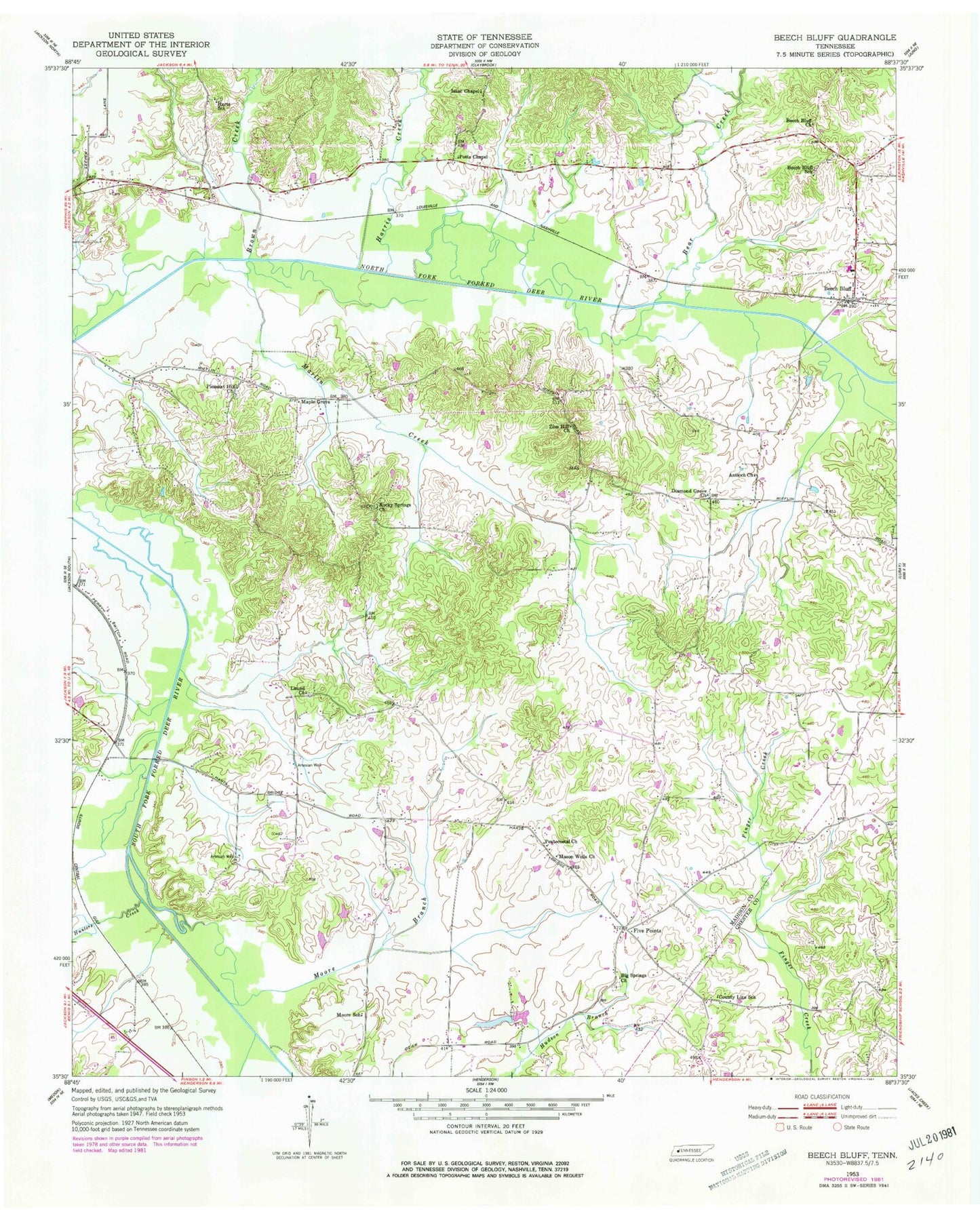 Classic USGS Beech Bluff Tennessee 7.5'x7.5' Topo Map Image