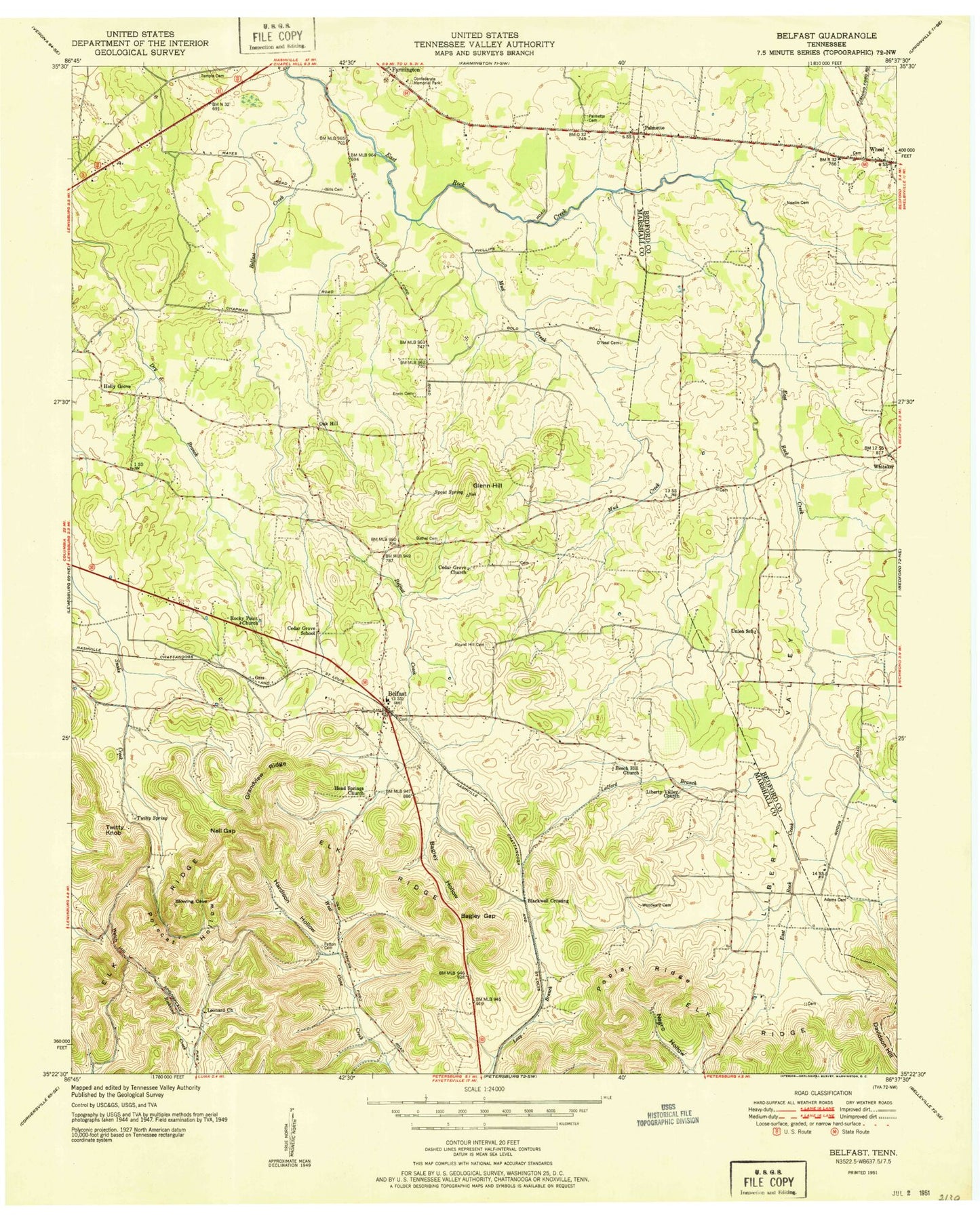 Classic USGS Belfast Tennessee 7.5'x7.5' Topo Map Image
