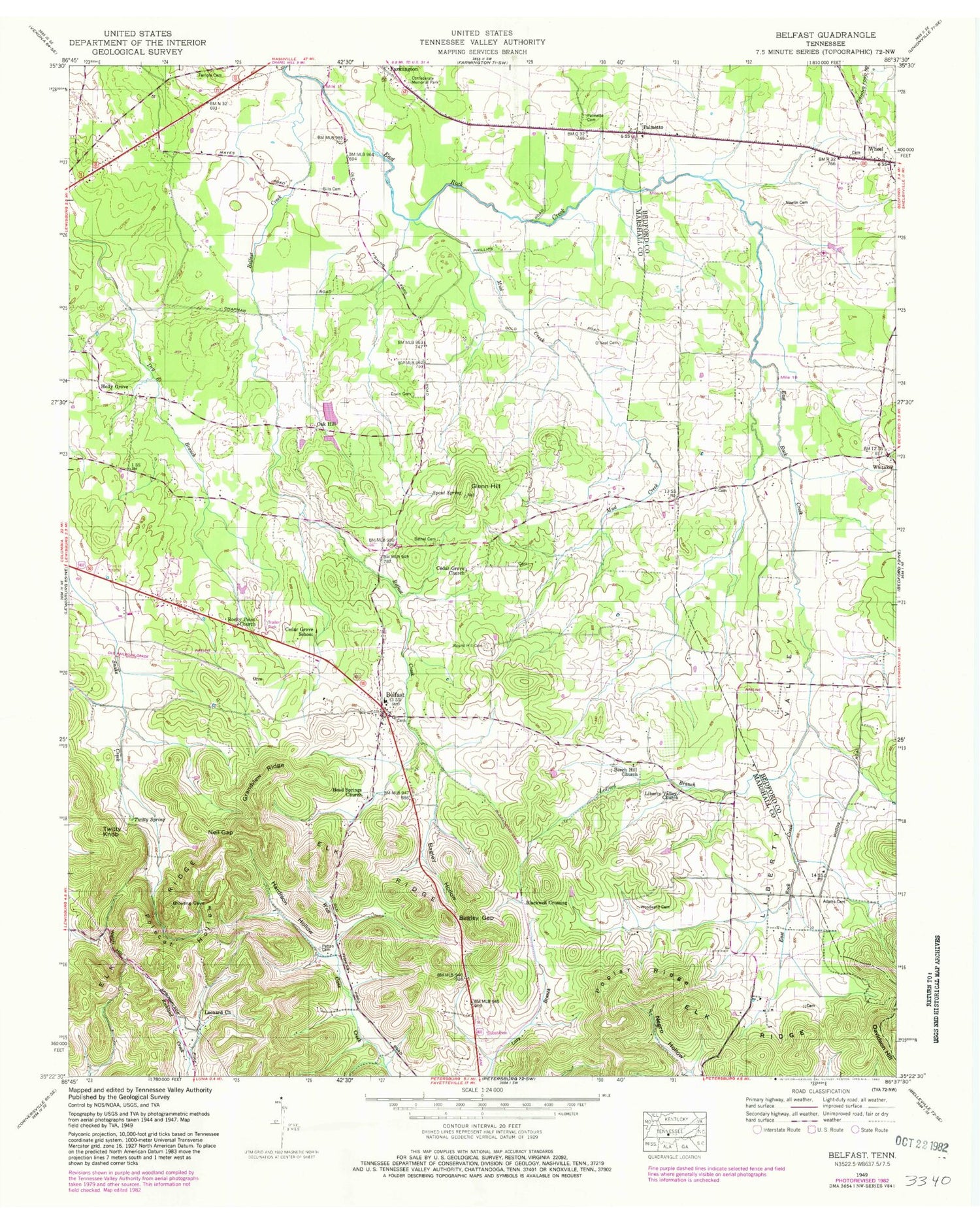 Classic USGS Belfast Tennessee 7.5'x7.5' Topo Map Image