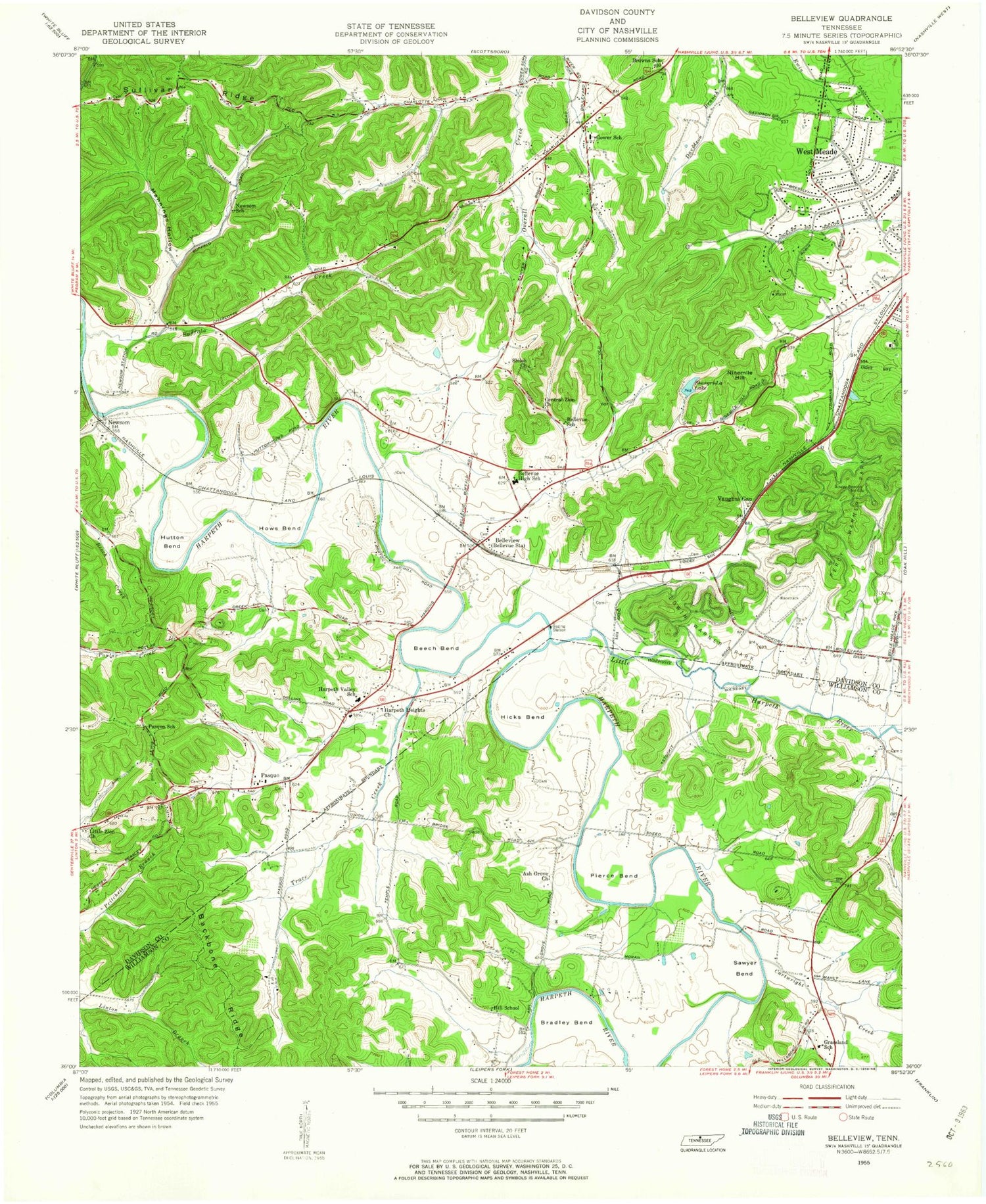Classic USGS Bellevue Tennessee 7.5'x7.5' Topo Map Image