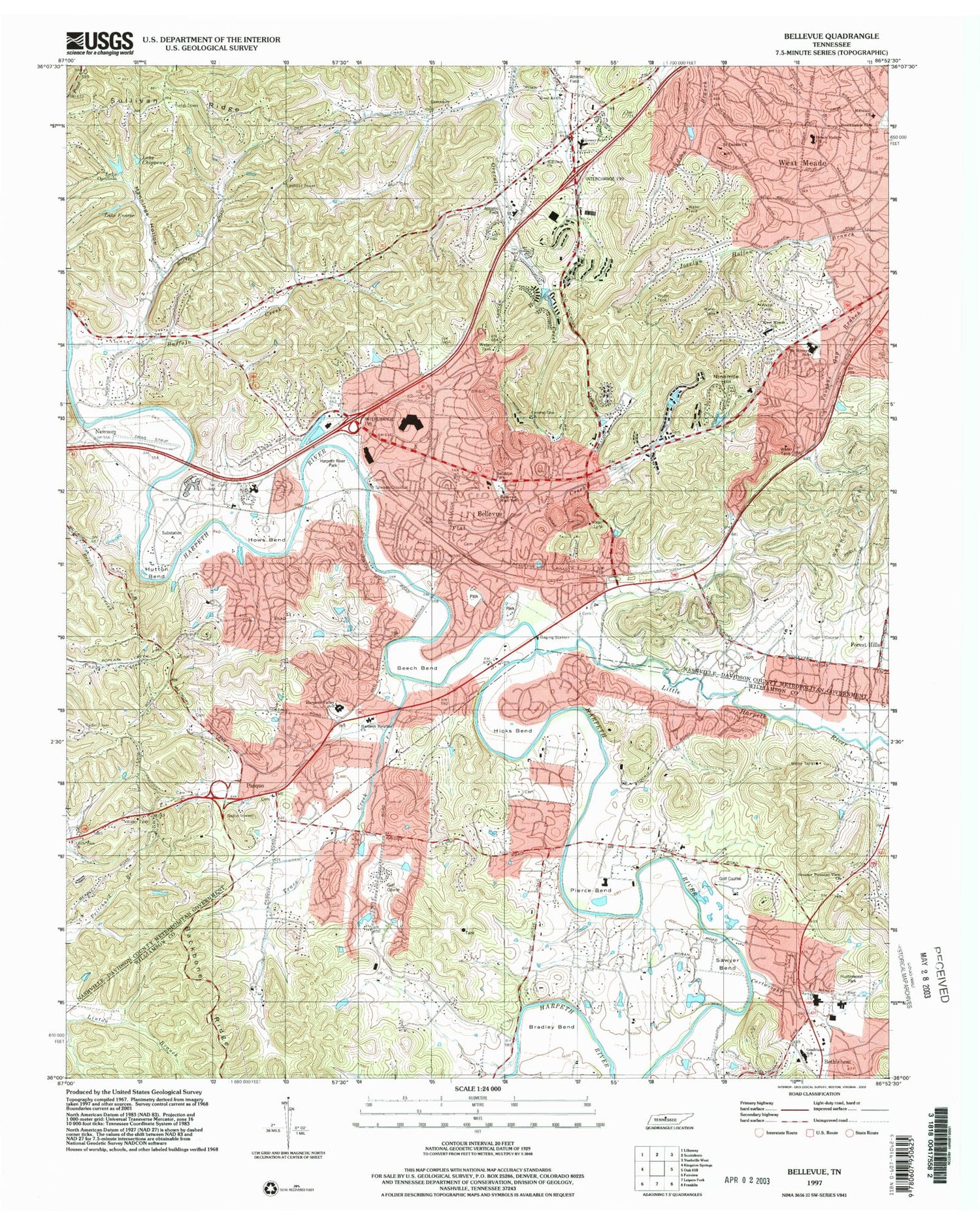 Classic USGS Bellevue Tennessee 7.5'x7.5' Topo Map Image