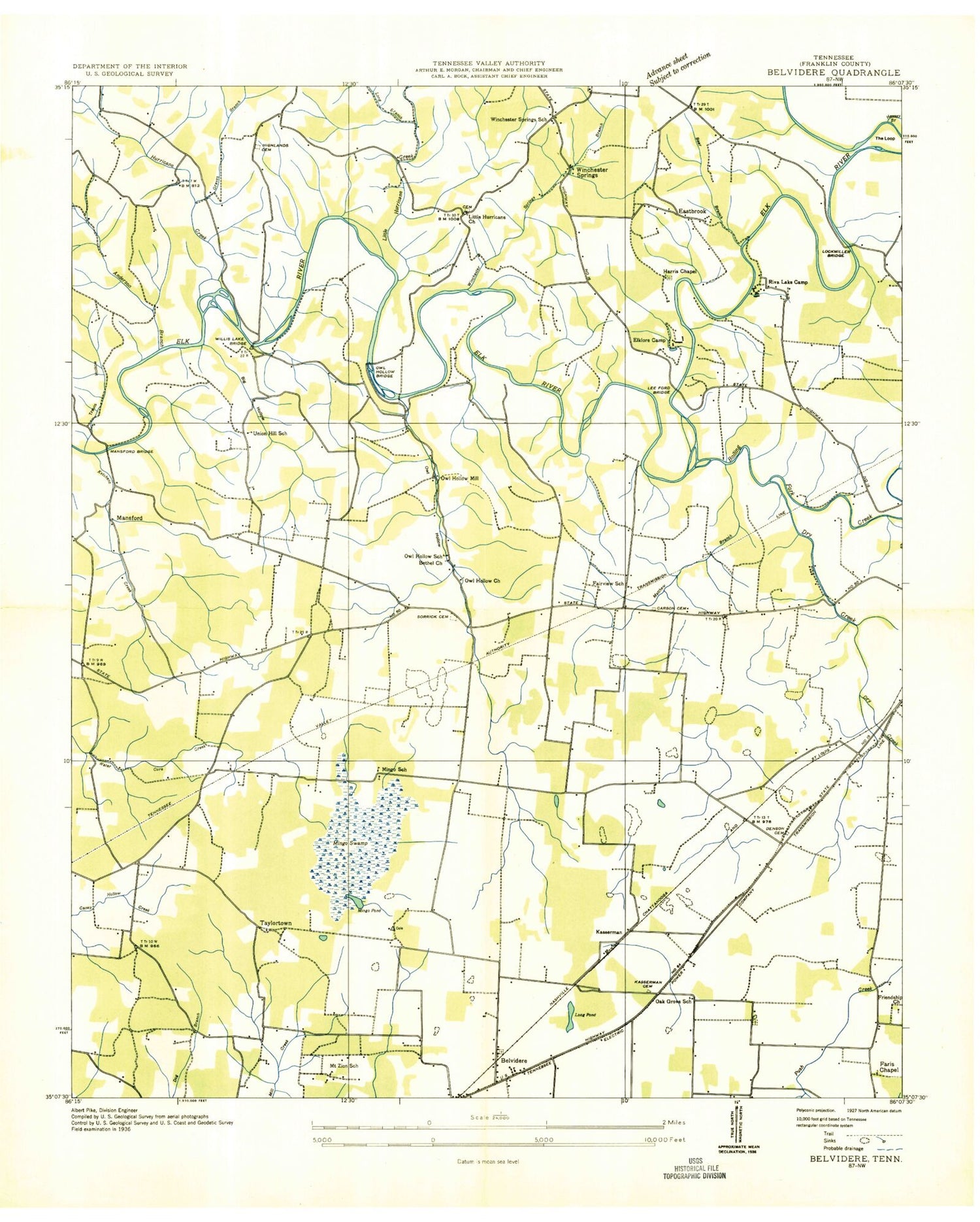 Classic USGS Belvidere Tennessee 7.5'x7.5' Topo Map Image
