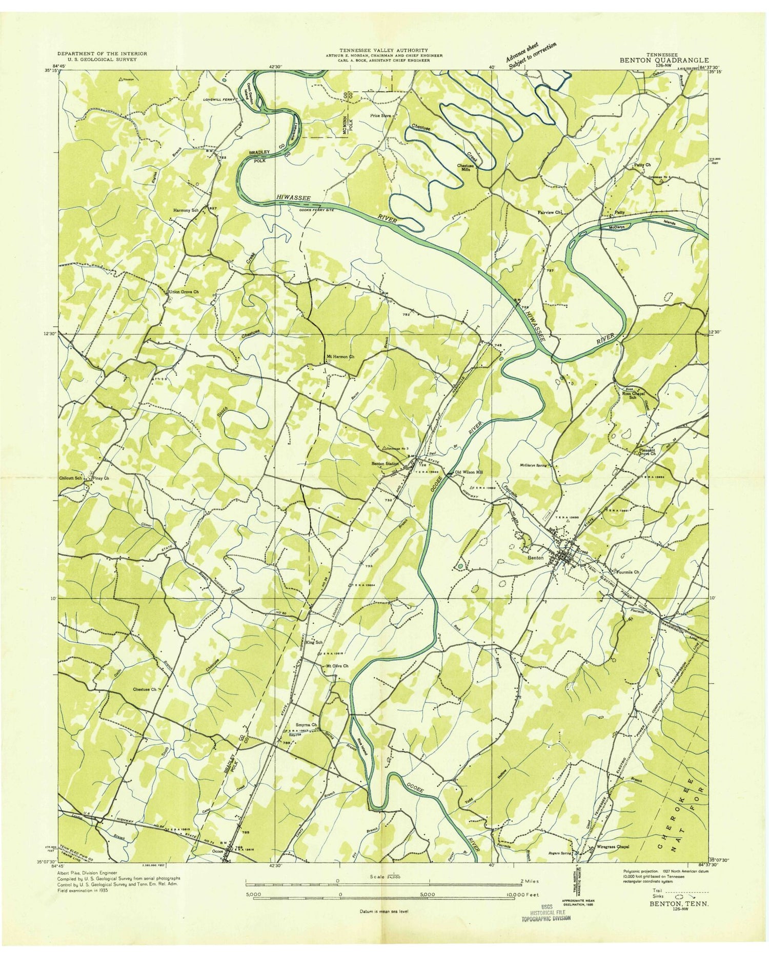 Classic USGS Benton Tennessee 7.5'x7.5' Topo Map Image