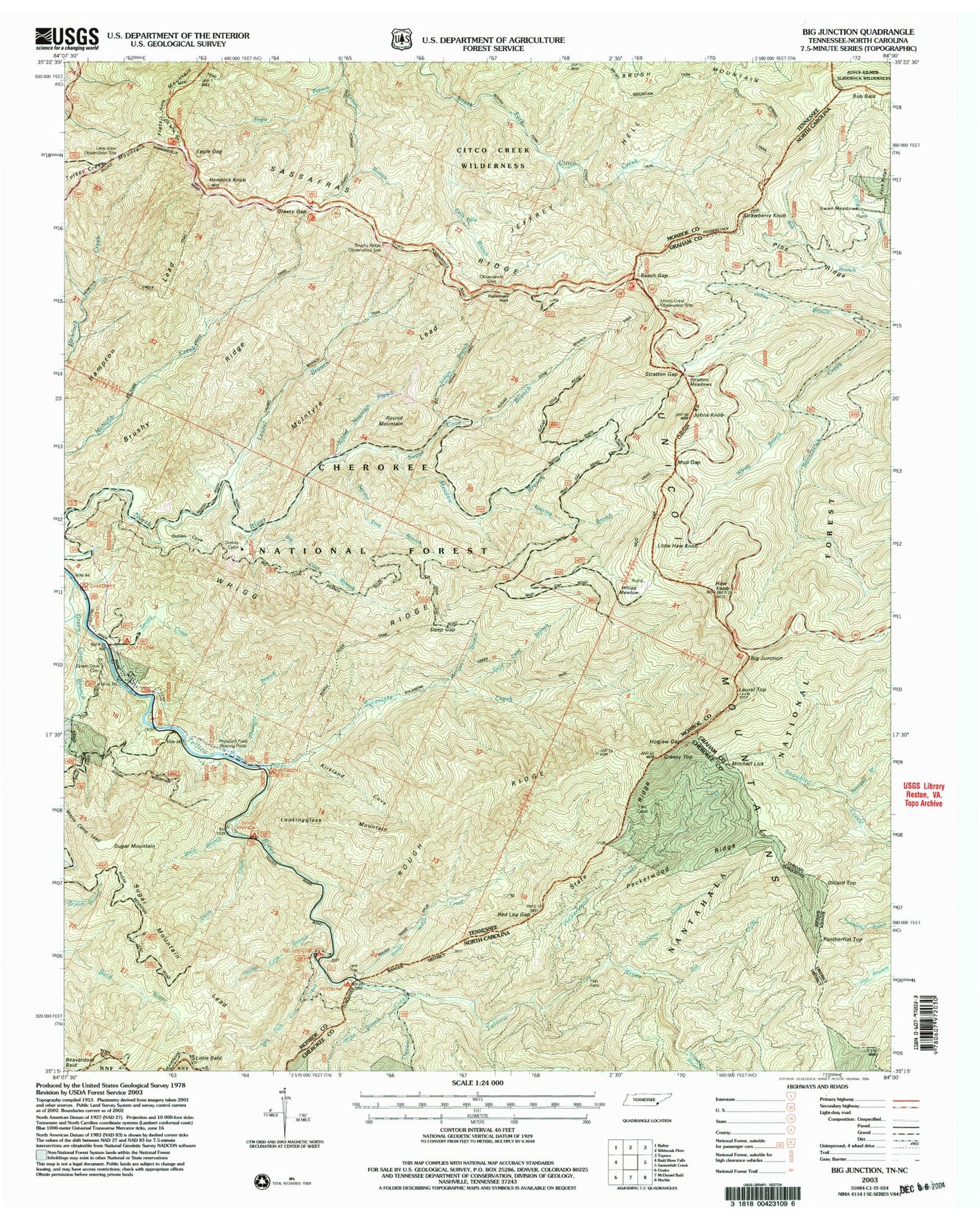 Classic USGS Big Junction Tennessee 7.5'x7.5' Topo Map Image