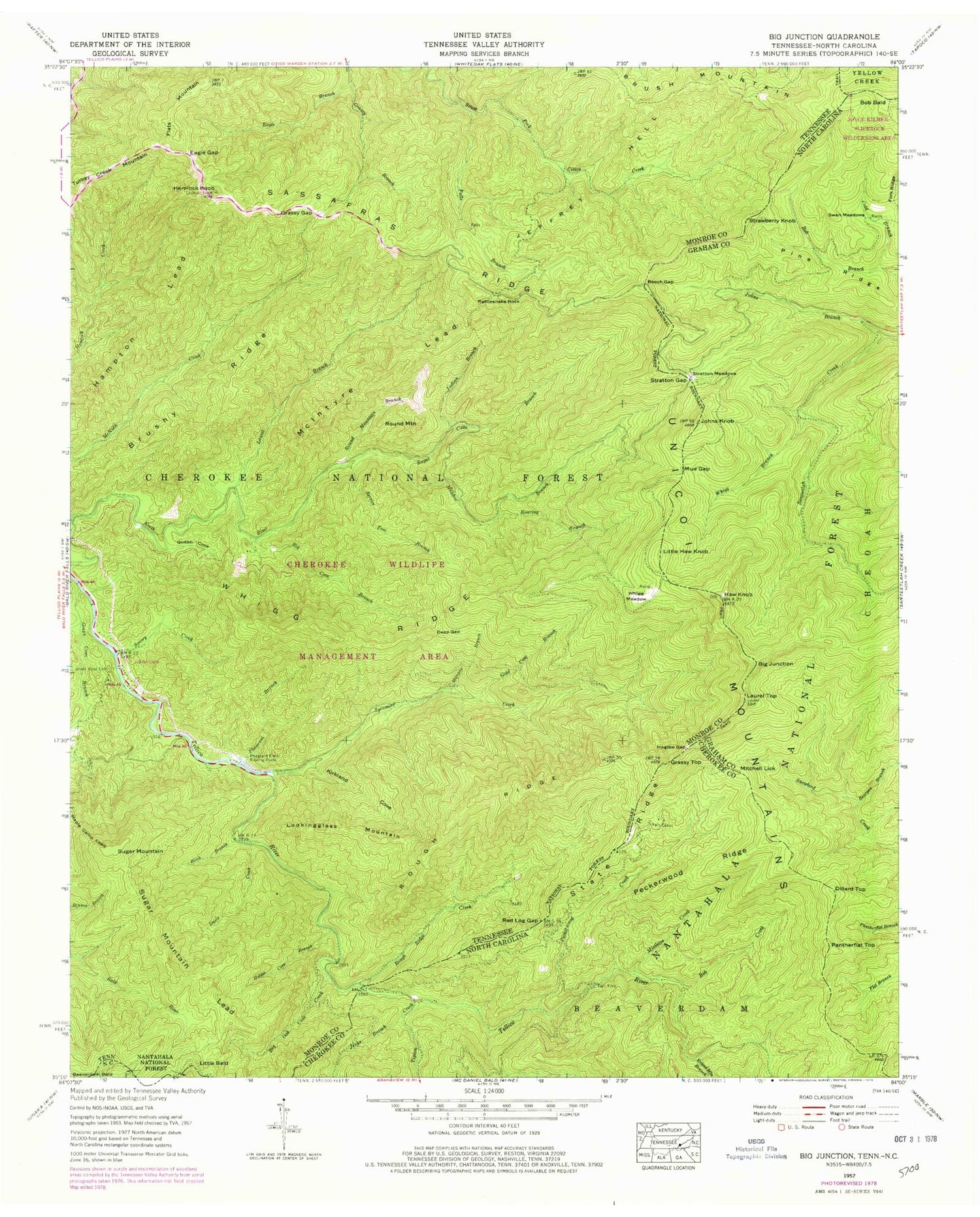 Classic USGS Big Junction Tennessee 7.5'x7.5' Topo Map Image