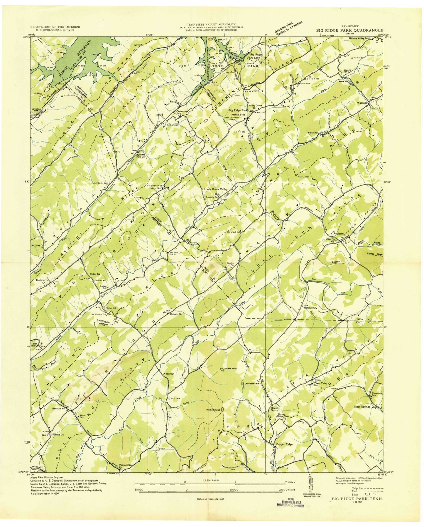 Classic USGS Big Ridge Park Tennessee 7.5'x7.5' Topo Map Image