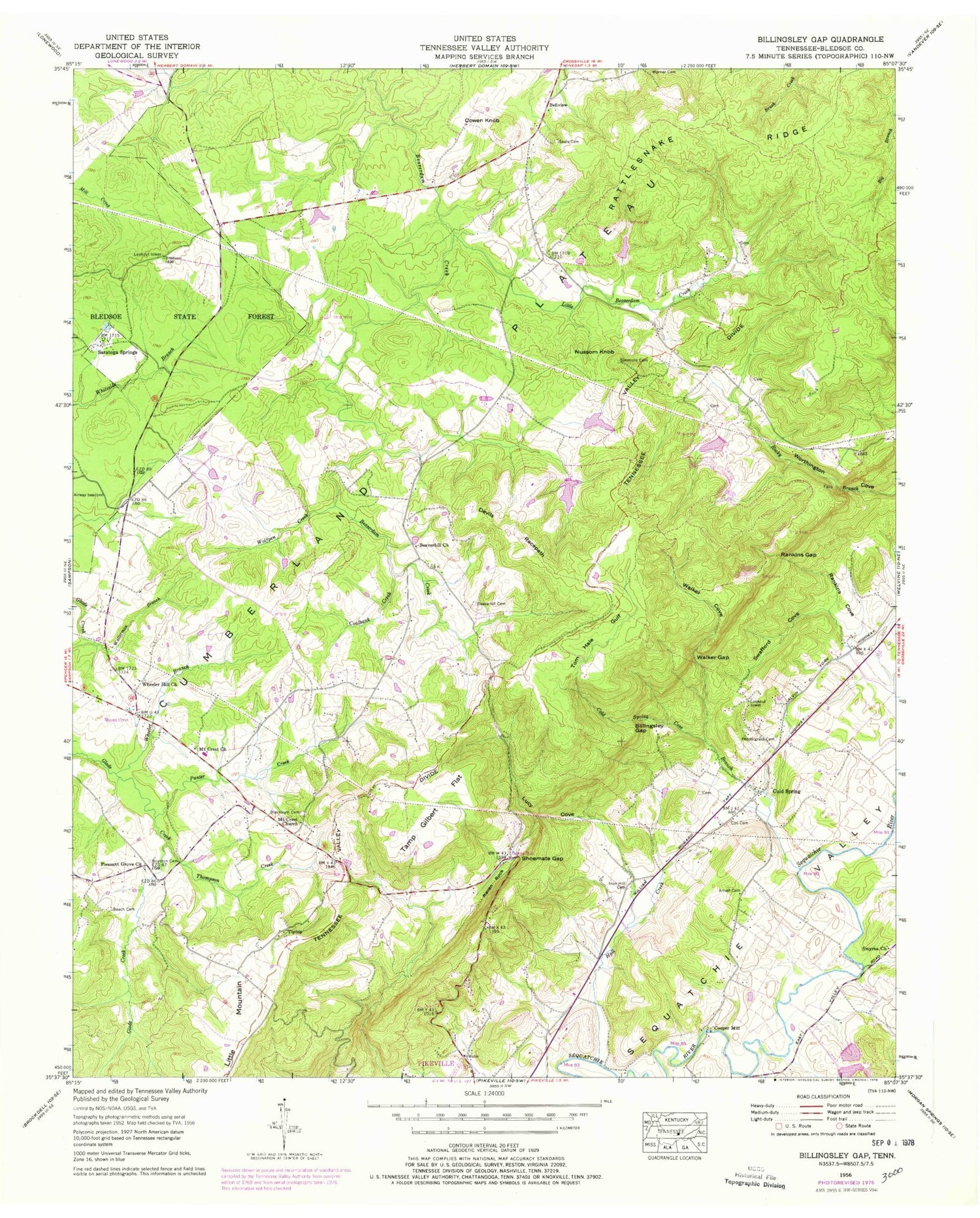 Classic USGS Billingsley Gap Tennessee 7.5'x7.5' Topo Map Image