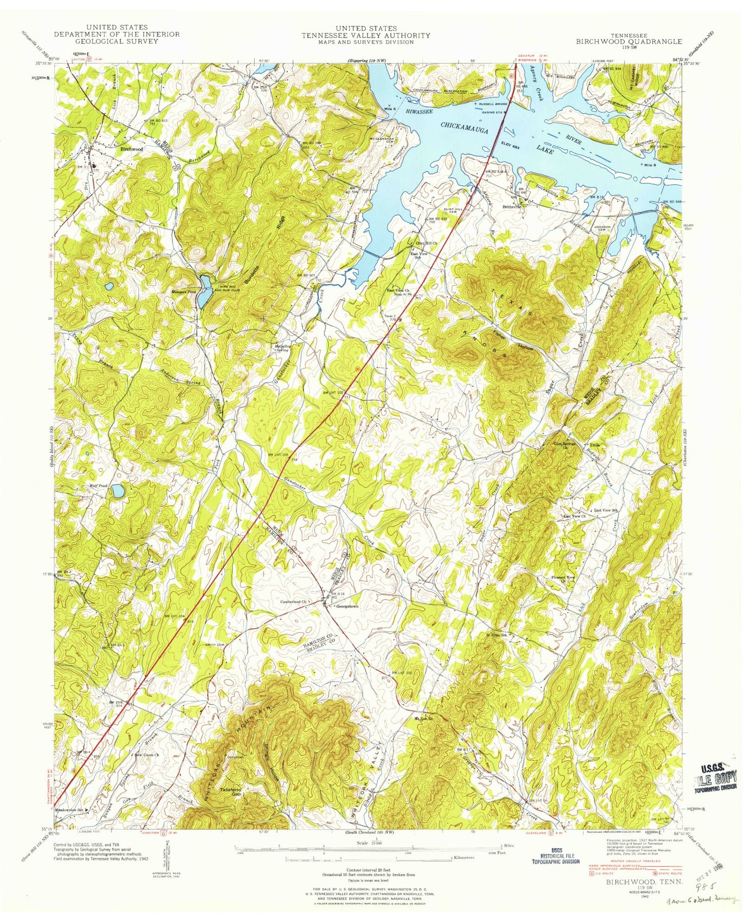 Classic USGS Birchwood Tennessee 7.5'x7.5' Topo Map Image