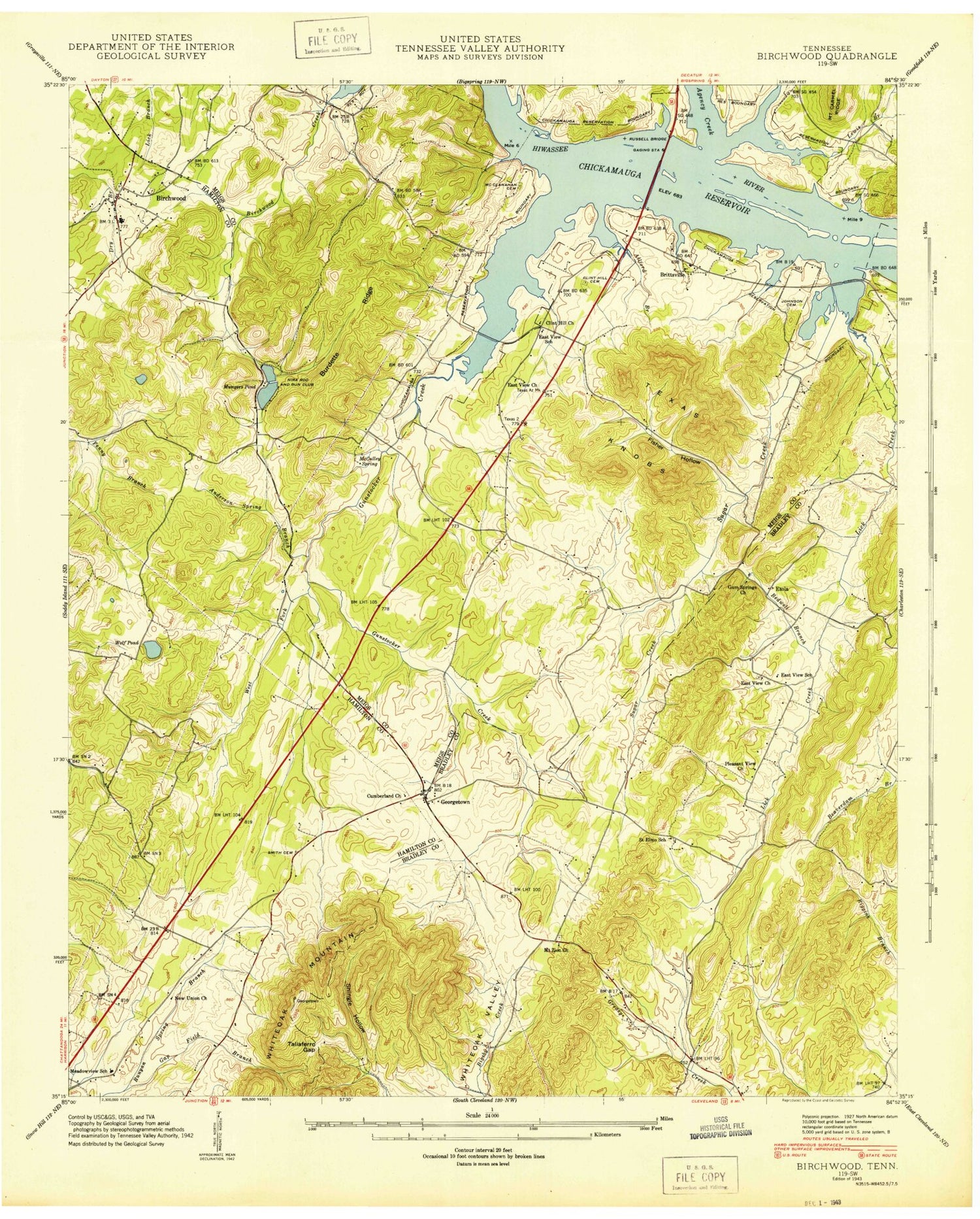 Classic USGS Birchwood Tennessee 7.5'x7.5' Topo Map Image