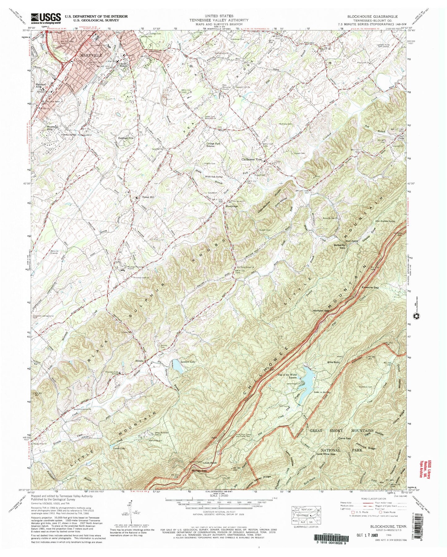 Classic USGS Blockhouse Tennessee 7.5'x7.5' Topo Map Image