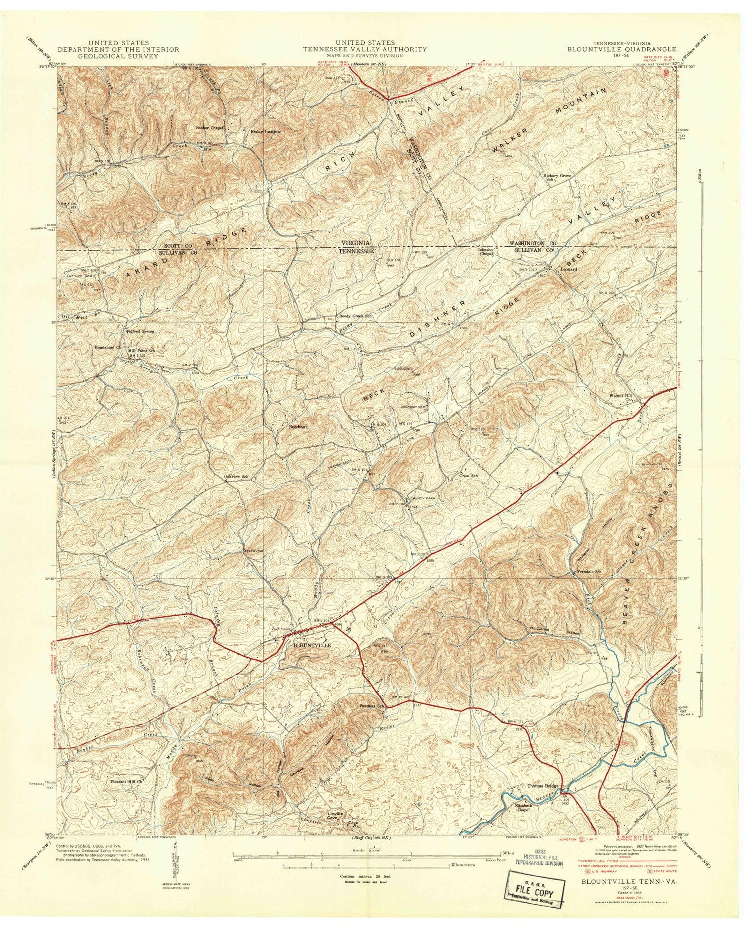 Classic USGS Blountville Tennessee 7.5'x7.5' Topo Map Image