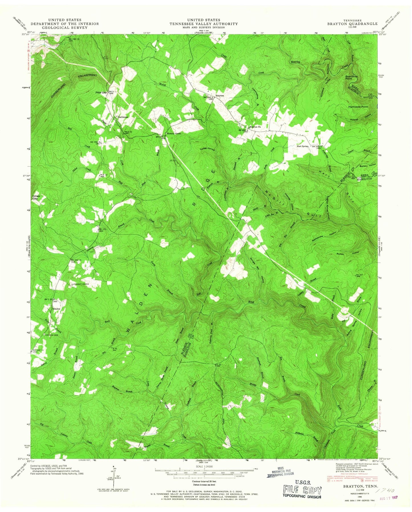 Classic USGS Brayton Tennessee 7.5'x7.5' Topo Map Image