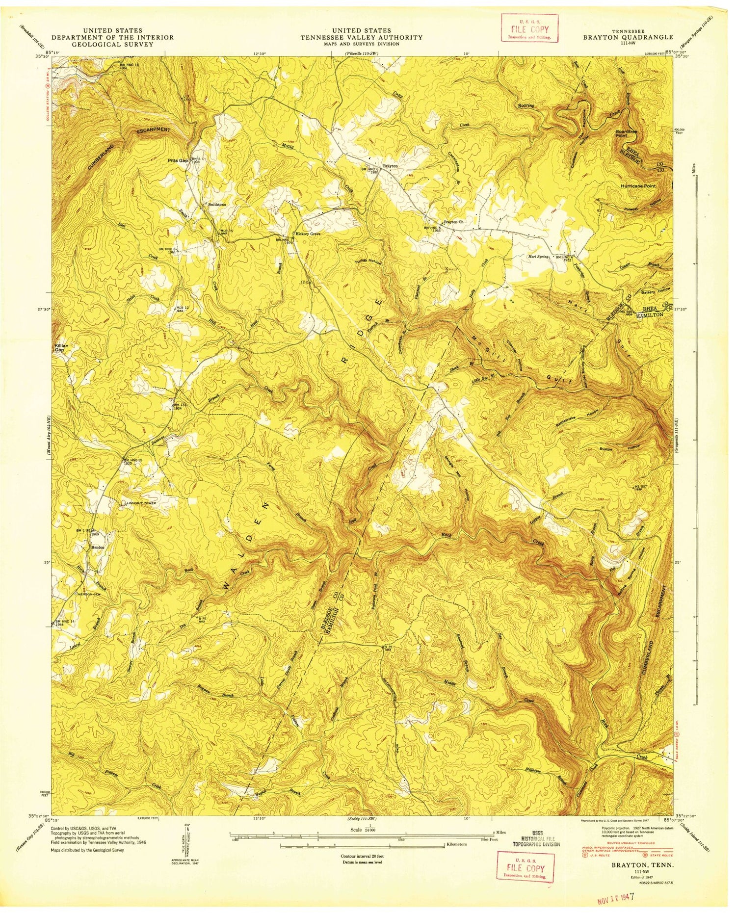 Classic USGS Brayton Tennessee 7.5'x7.5' Topo Map Image