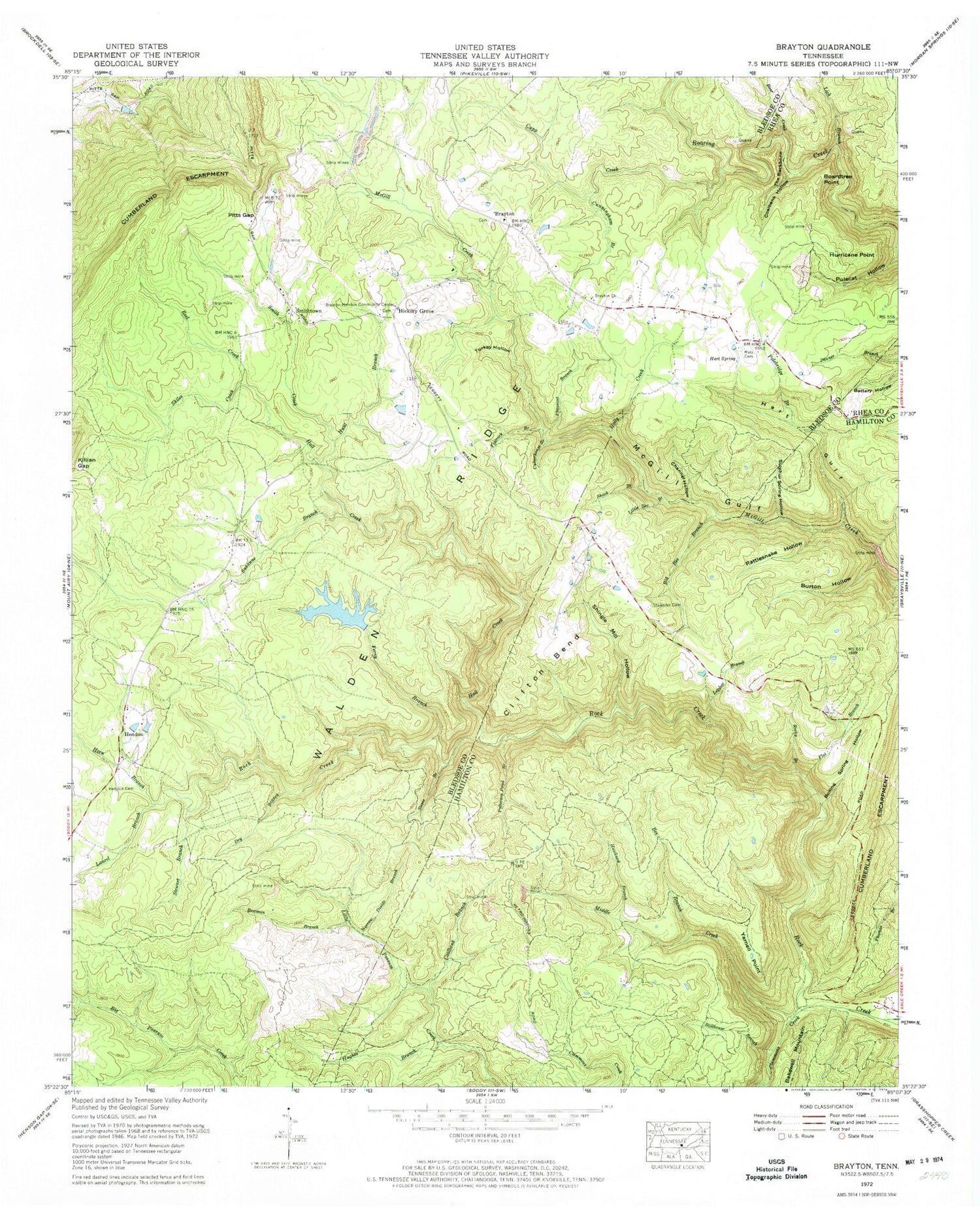 Classic USGS Brayton Tennessee 7.5'x7.5' Topo Map Image