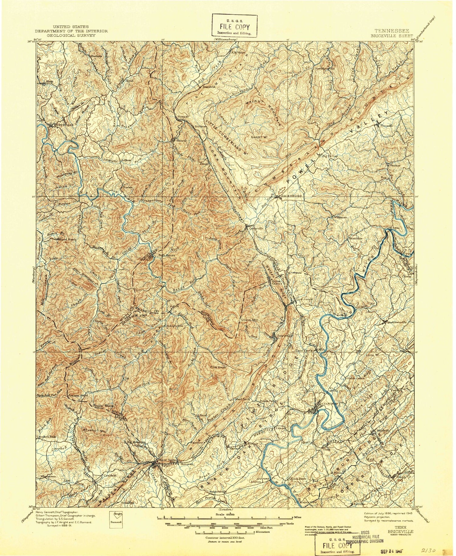 Historic 1896 Briceville Tennessee 30'x30' Topo Map Image