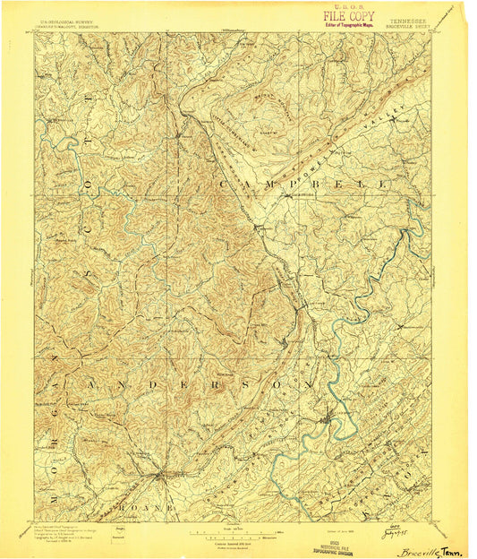 Historic 1895 Briceville Tennessee 30'x30' Topo Map Image