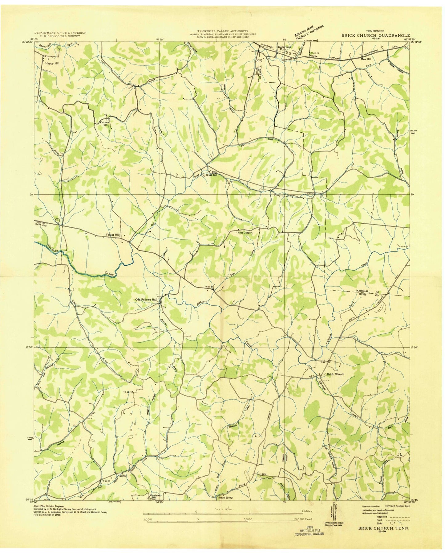 Classic USGS Brick Church Tennessee 7.5'x7.5' Topo Map Image