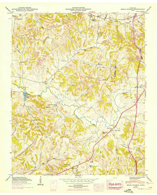 Classic USGS Brick Church Tennessee 7.5'x7.5' Topo Map Image
