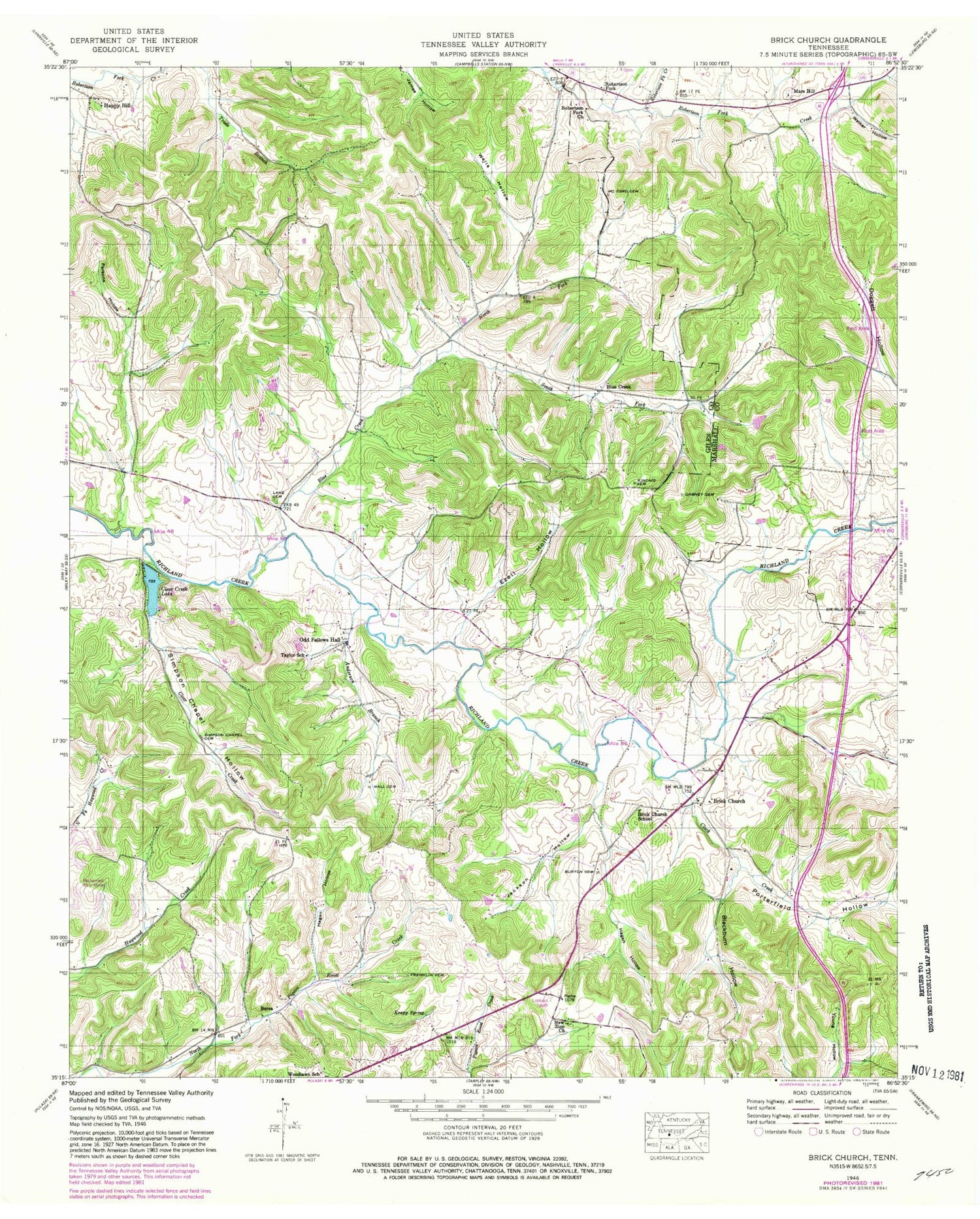 Classic USGS Brick Church Tennessee 7.5'x7.5' Topo Map Image